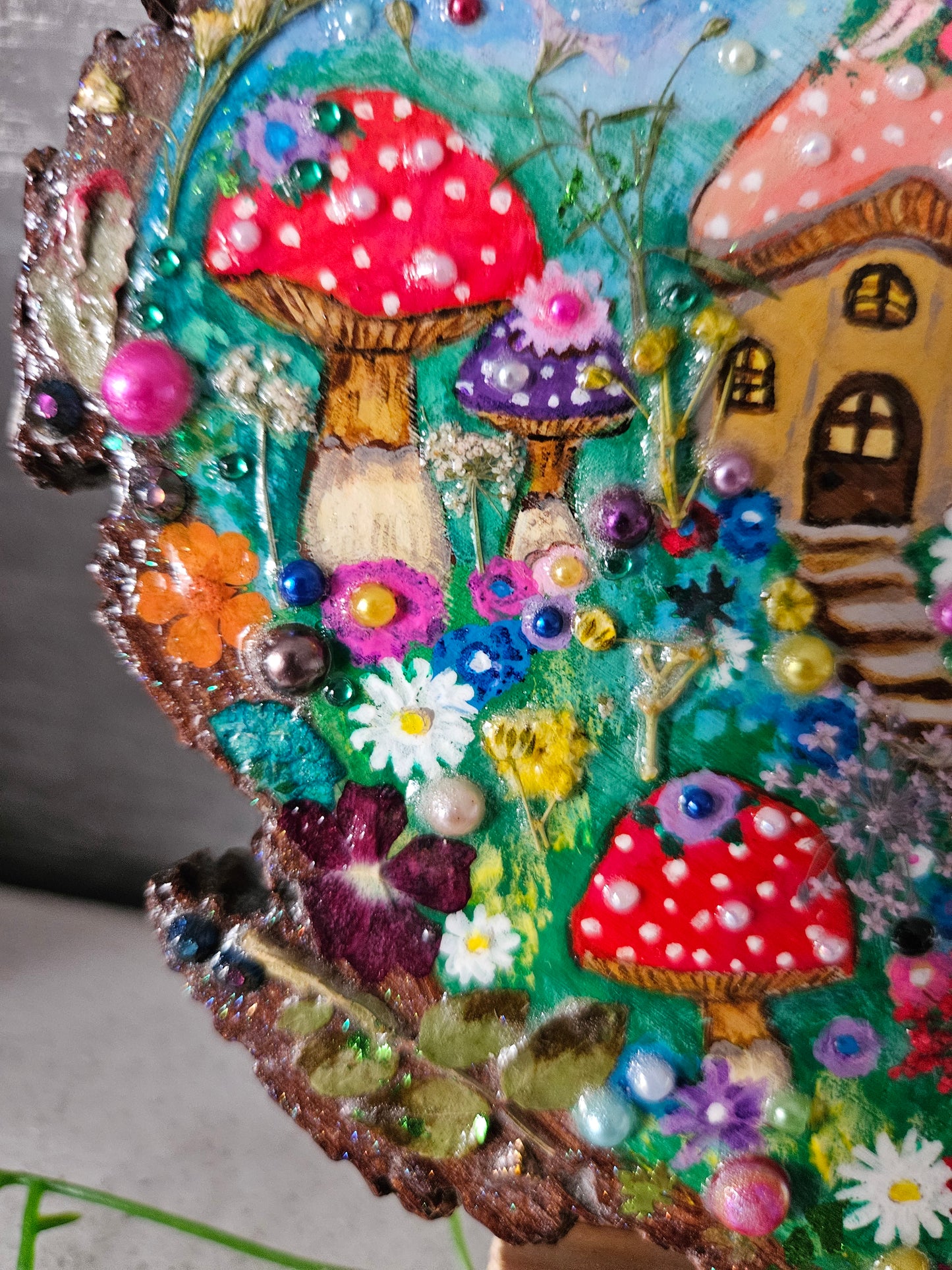 Large Wood Slice/hand painted plaque with fairies and mushroom houses/whimsical and embellished painting/unique one of a kind, handcrafted artwork/new home or birthday gift for animal/whimsy lover