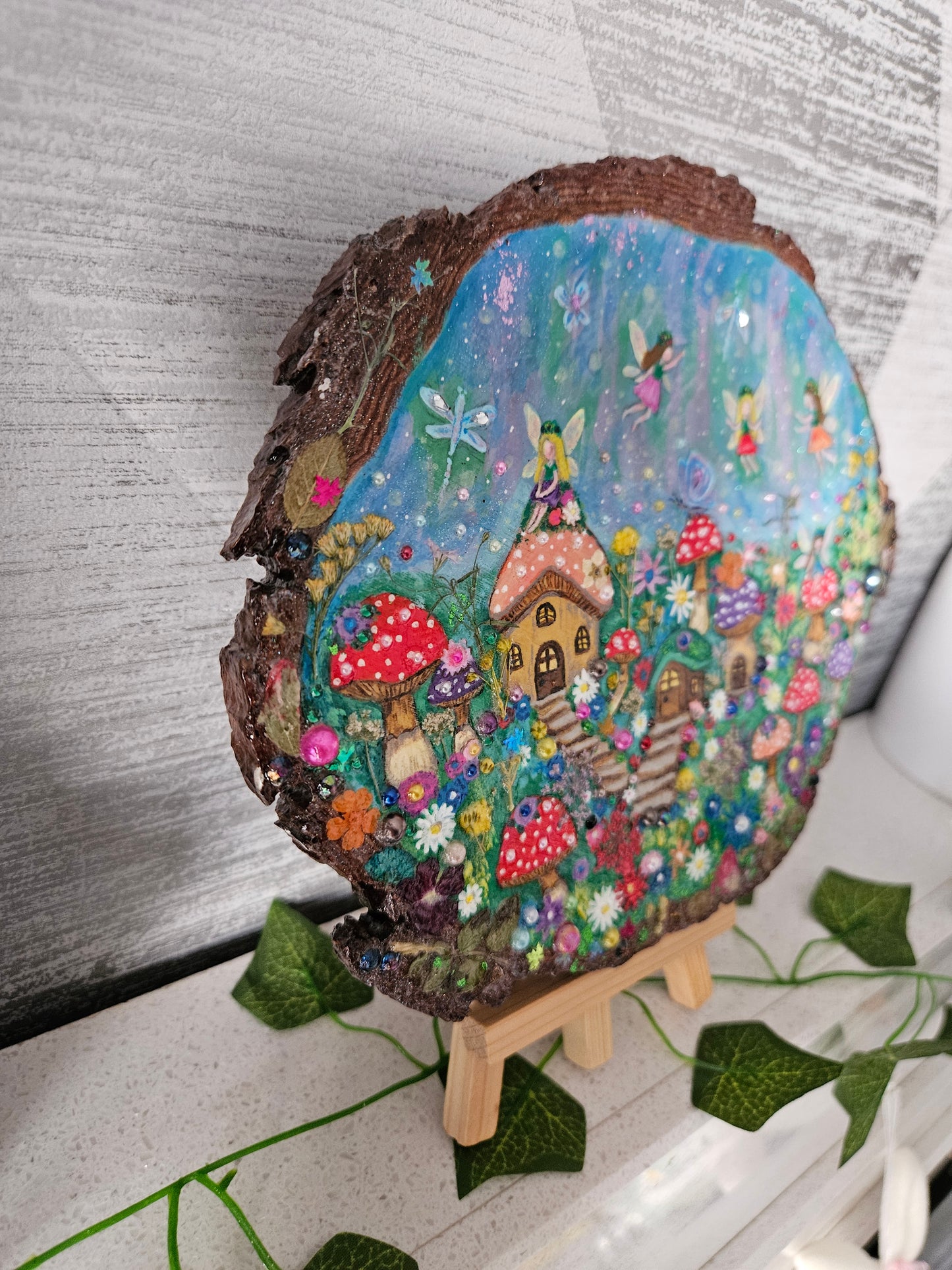 Large Wood Slice/hand painted plaque with fairies and mushroom houses/whimsical and embellished painting/unique one of a kind, handcrafted artwork/new home or birthday gift for animal/whimsy lover