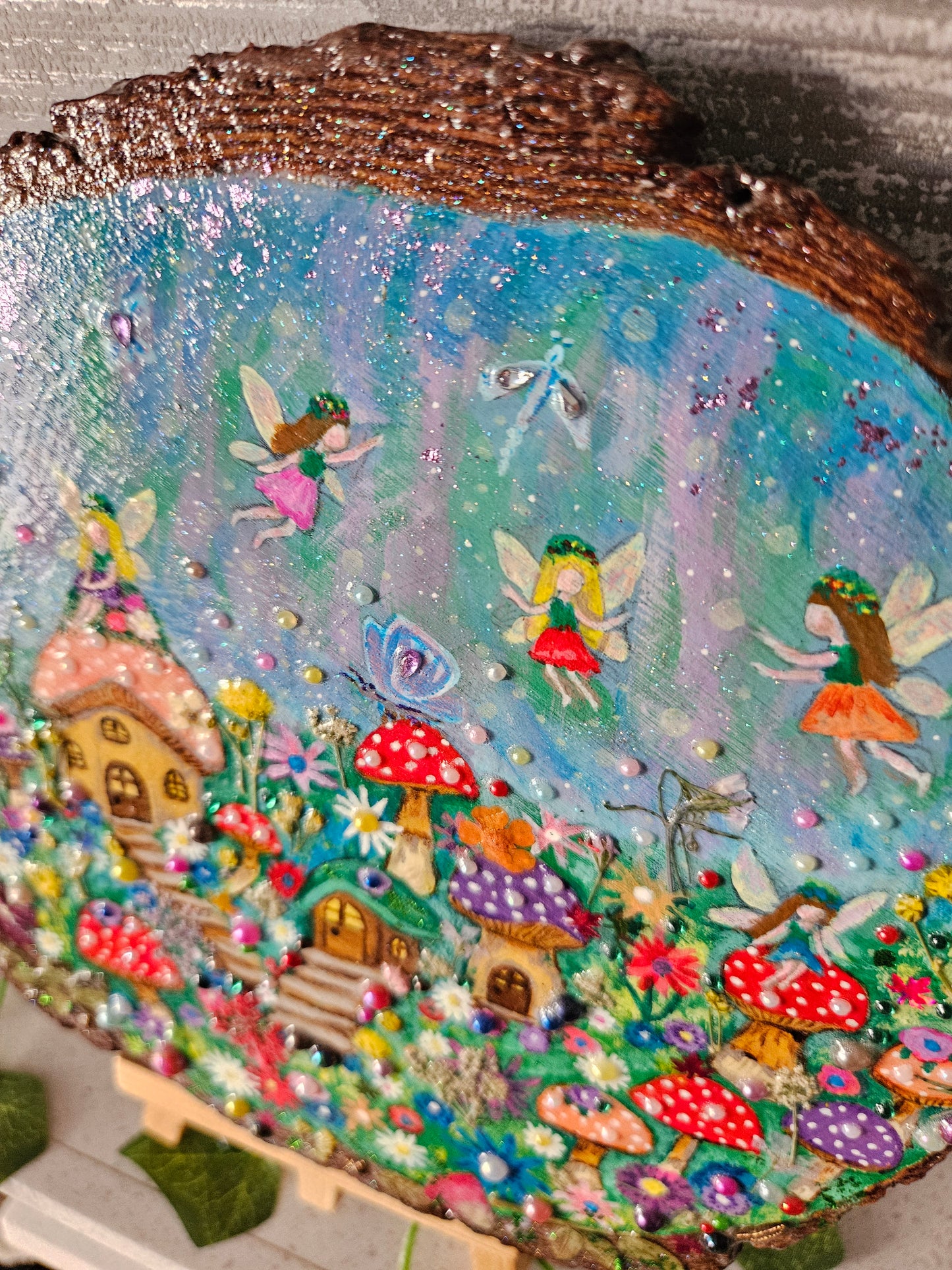 Large Wood Slice/hand painted plaque with fairies and mushroom houses/whimsical and embellished painting/unique one of a kind, handcrafted artwork/new home or birthday gift for animal/whimsy lover