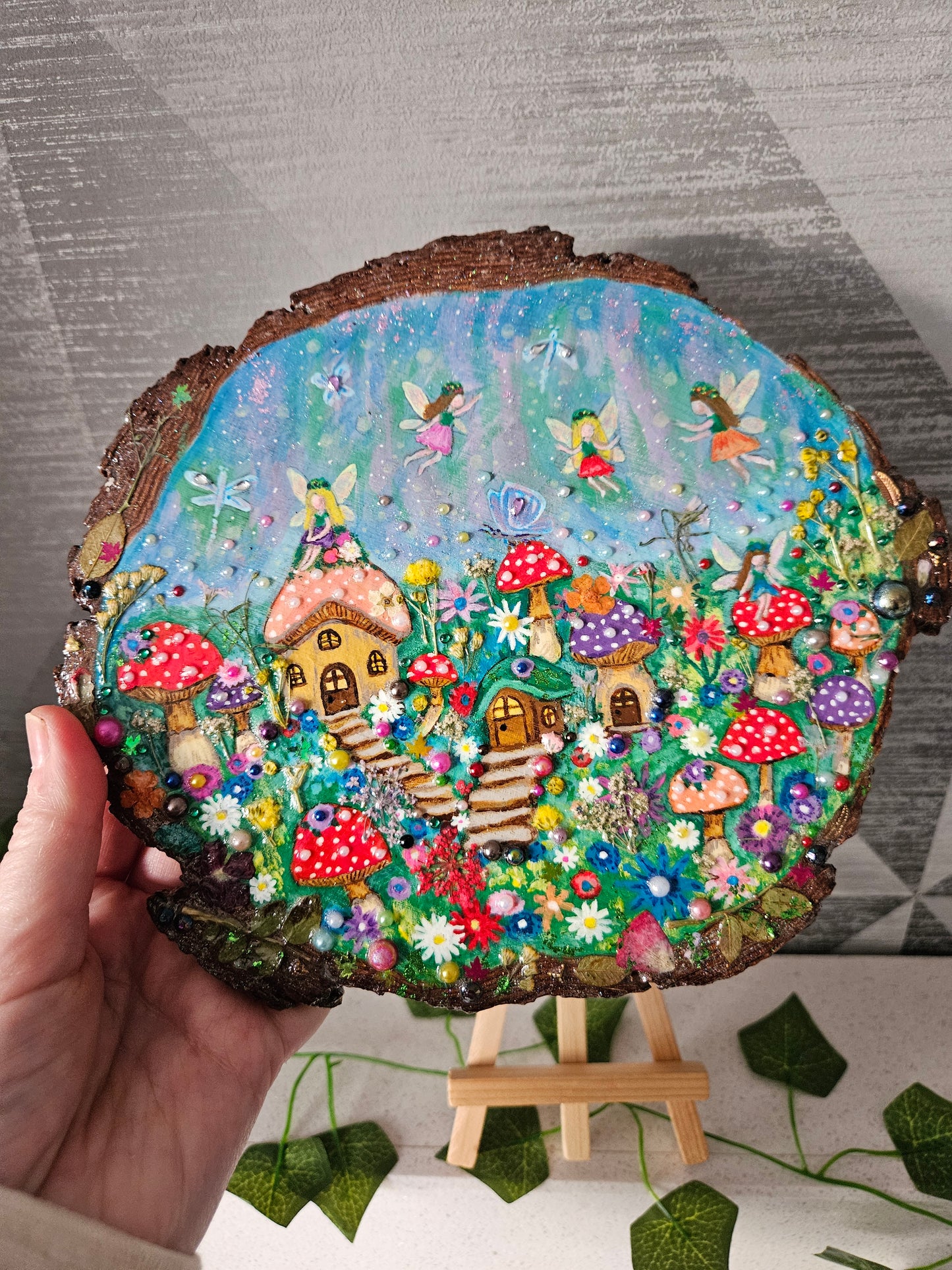 Large Wood Slice/hand painted plaque with fairies and mushroom houses/whimsical and embellished painting/unique one of a kind, handcrafted artwork/new home or birthday gift for animal/whimsy lover