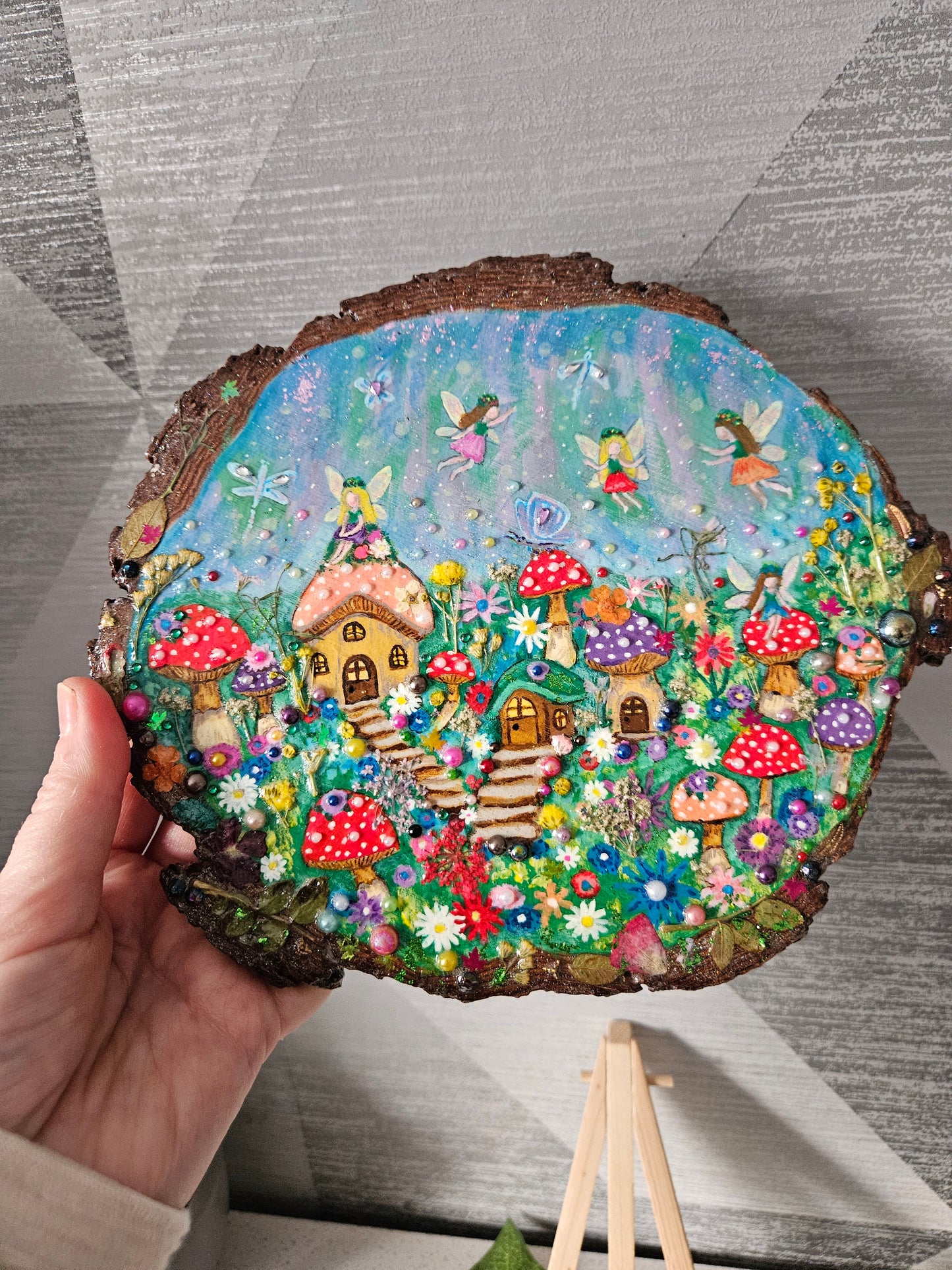 Large Wood Slice/hand painted plaque with fairies and mushroom houses/whimsical and embellished painting/unique one of a kind, handcrafted artwork/new home or birthday gift for animal/whimsy lover