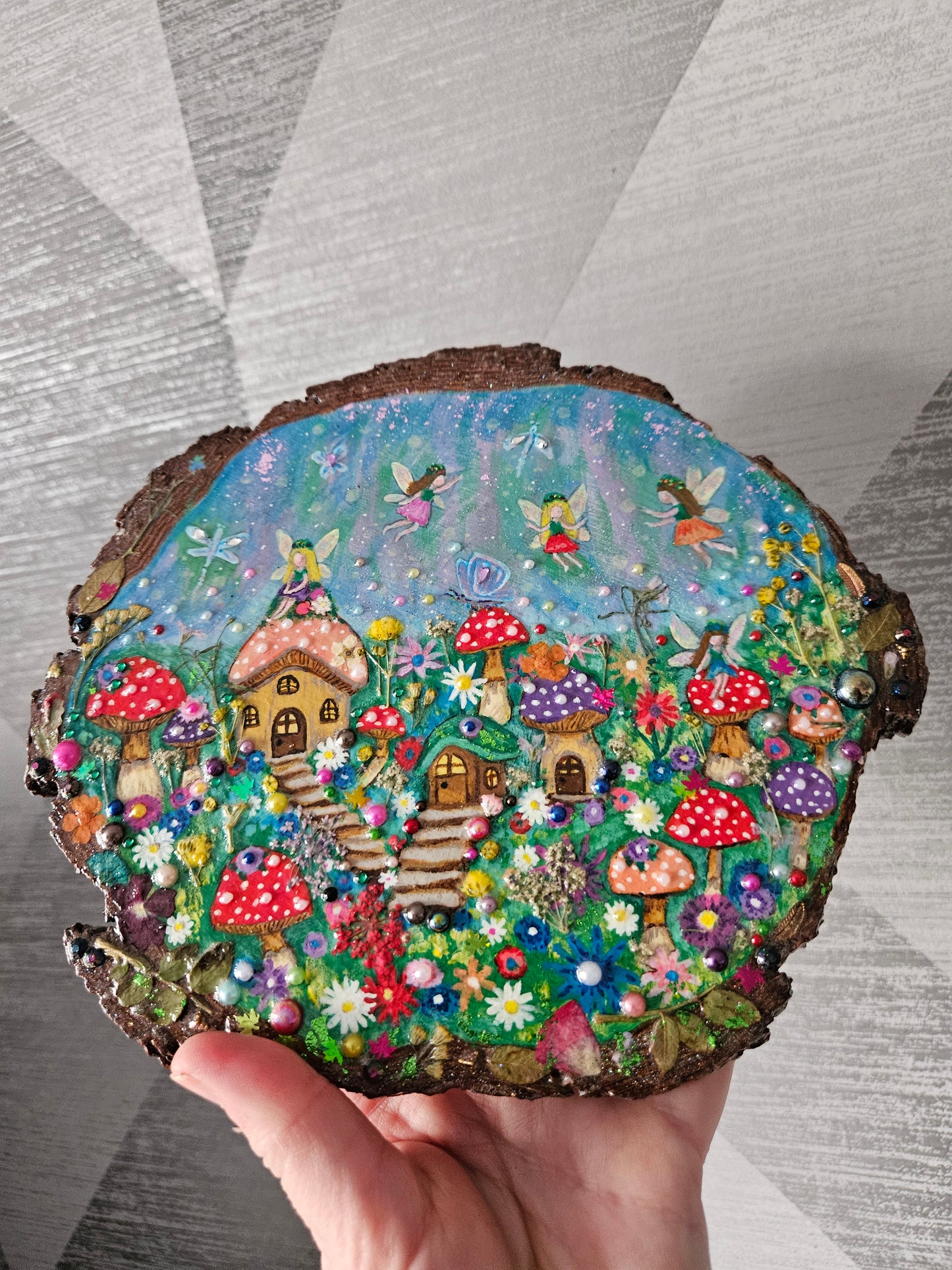 Large Wood Slice/hand painted plaque with fairies and mushroom houses/whimsical and embellished painting/unique one of a kind, handcrafted artwork/new home or birthday gift for animal/whimsy lover