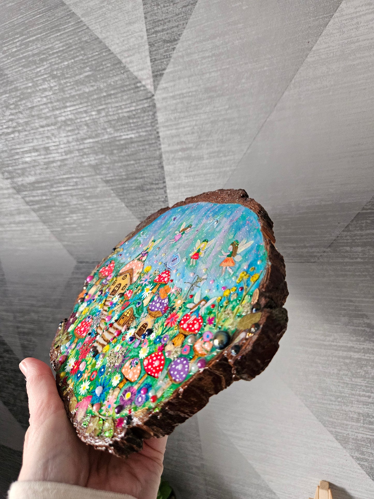 Large Wood Slice/hand painted plaque with fairies and mushroom houses/whimsical and embellished painting/unique one of a kind, handcrafted artwork/new home or birthday gift for animal/whimsy lover