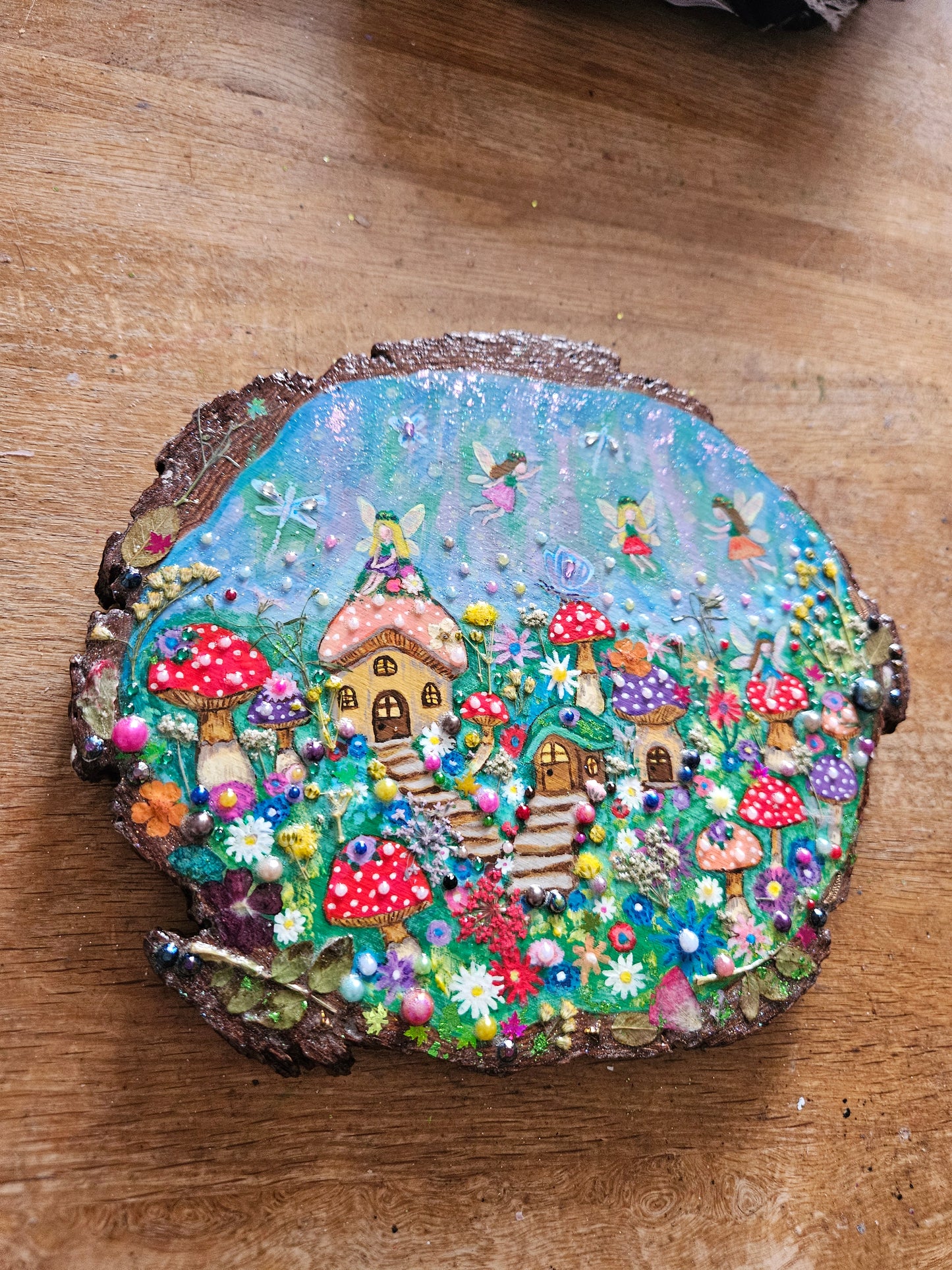 Large Wood Slice/hand painted plaque with fairies and mushroom houses/whimsical and embellished painting/unique one of a kind, handcrafted artwork/new home or birthday gift for animal/whimsy lover