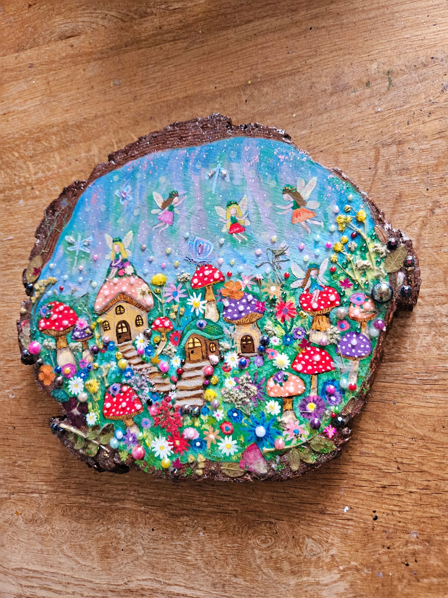 Large Wood Slice/hand painted plaque with fairies and mushroom houses/whimsical and embellished painting/unique one of a kind, handcrafted artwork/new home or birthday gift for animal/whimsy lover