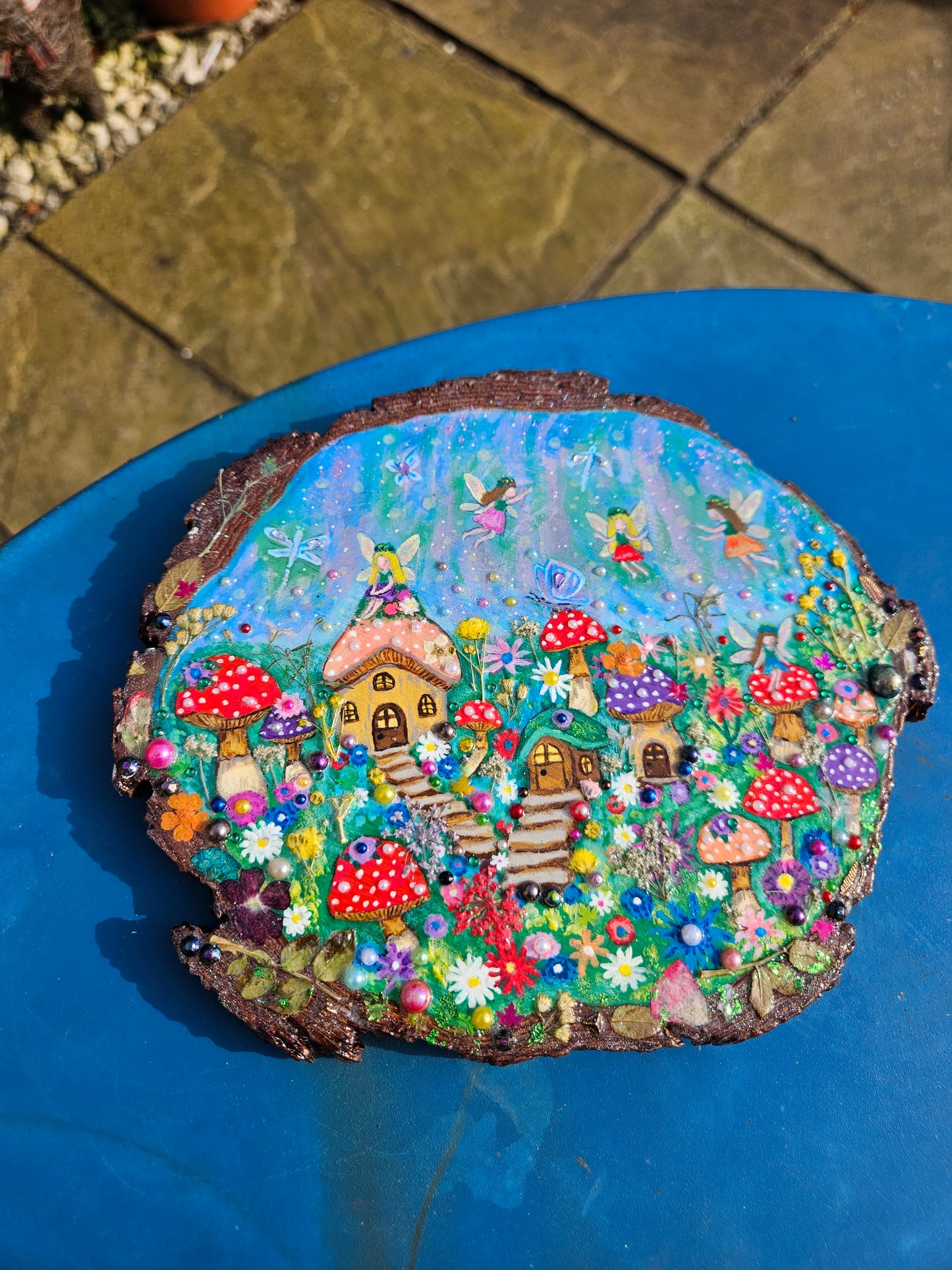 Large Wood Slice/hand painted plaque with fairies and mushroom houses/whimsical and embellished painting/unique one of a kind, handcrafted artwork/new home or birthday gift for animal/whimsy lover