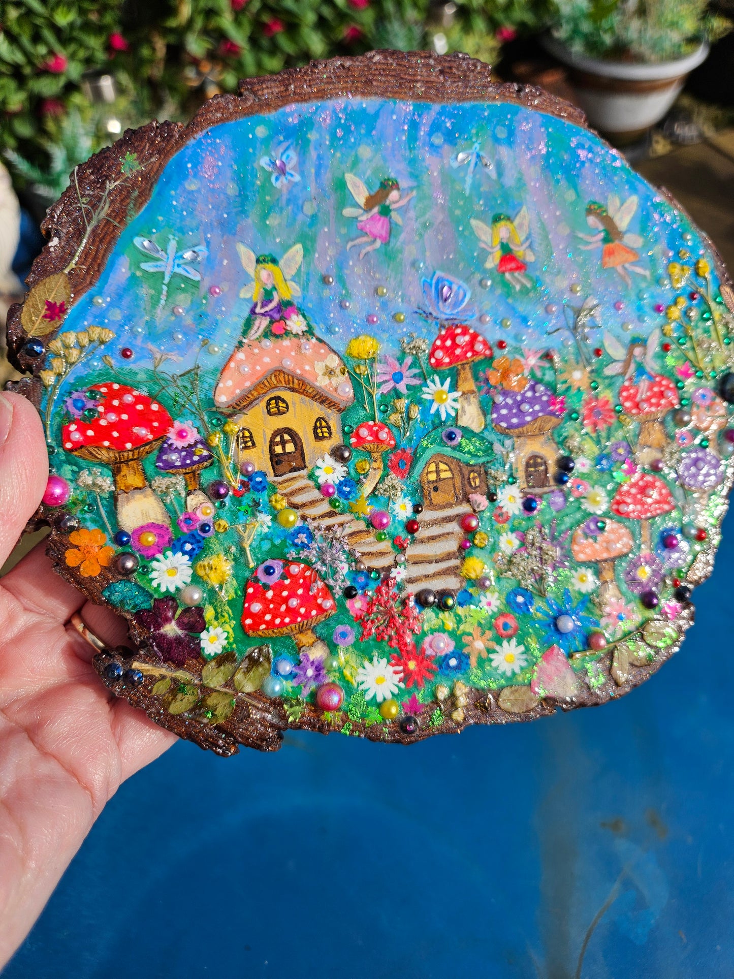 Large Wood Slice/hand painted plaque with fairies and mushroom houses/whimsical and embellished painting/unique one of a kind, handcrafted artwork/new home or birthday gift for animal/whimsy lover