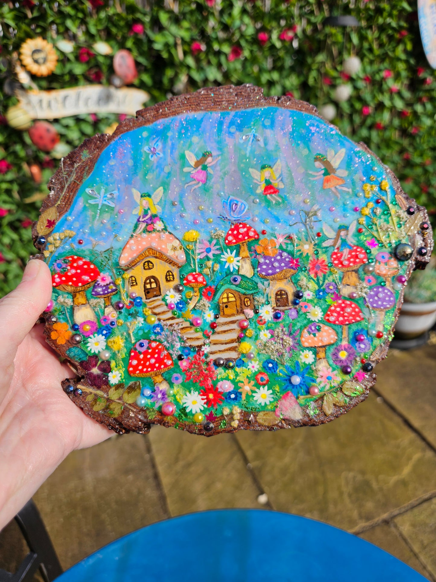 Large Wood Slice/hand painted plaque with fairies and mushroom houses/whimsical and embellished painting/unique one of a kind, handcrafted artwork/new home or birthday gift for animal/whimsy lover
