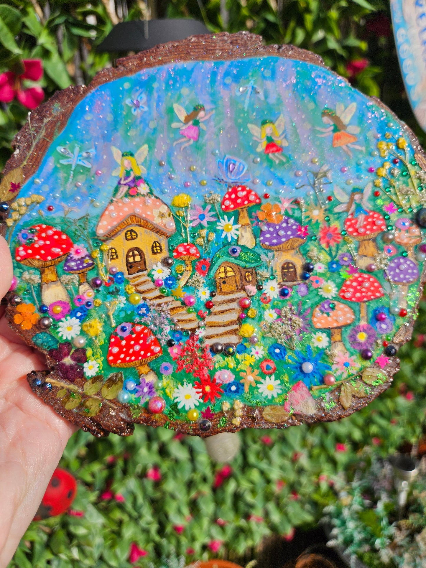 Large Wood Slice/hand painted plaque with fairies and mushroom houses/whimsical and embellished painting/unique one of a kind, handcrafted artwork/new home or birthday gift for animal/whimsy lover