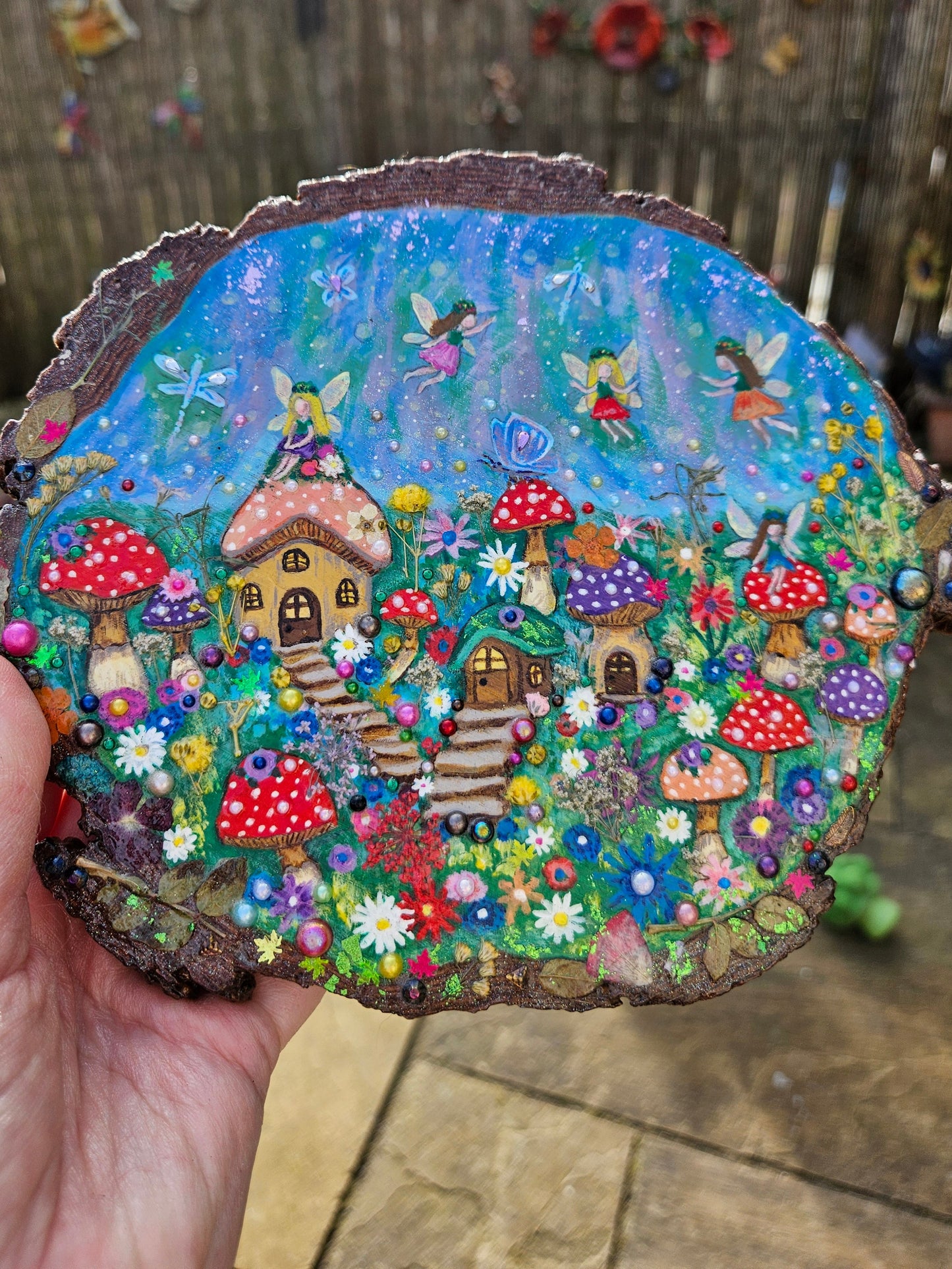Large Wood Slice/hand painted plaque with fairies and mushroom houses/whimsical and embellished painting/unique one of a kind, handcrafted artwork/new home or birthday gift for animal/whimsy lover