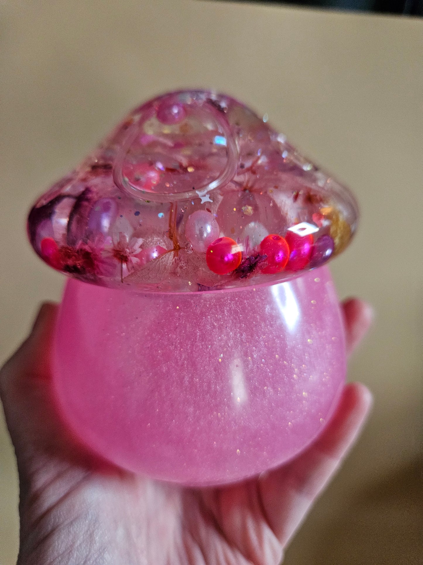 Flower mushroom pot/Storage Pink Resin Trinket Jar/Whimsical Spring Summer Home Decor/Keepsake jewellery storage dish/Nature lover gift