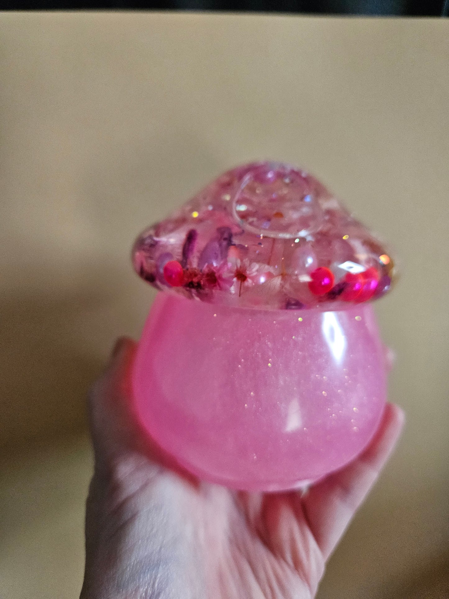 Flower mushroom pot/Storage Pink Resin Trinket Jar/Whimsical Spring Summer Home Decor/Keepsake jewellery storage dish/Nature lover gift