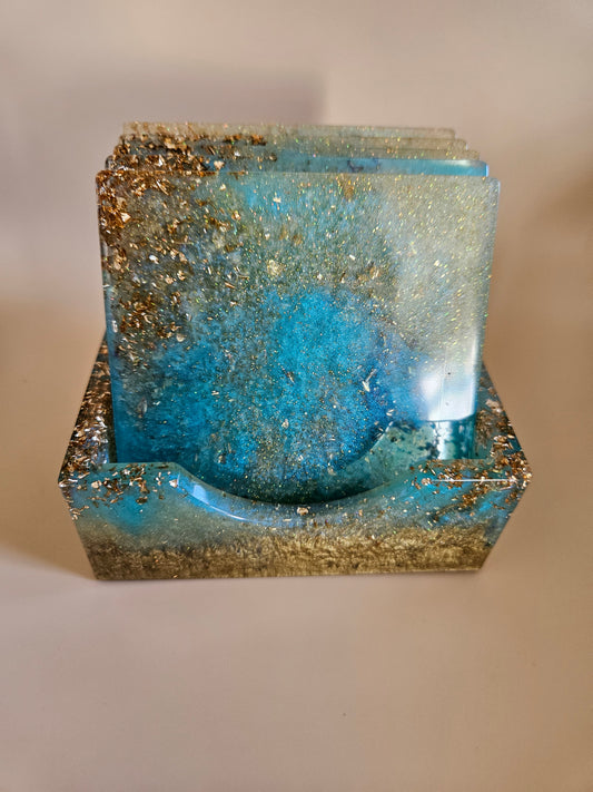 Resin Coaster Set of five with Stand/Turquoise and gold stylish colourful /Home Decor/Unique gift for Mother's Day, Colourful Anniversary