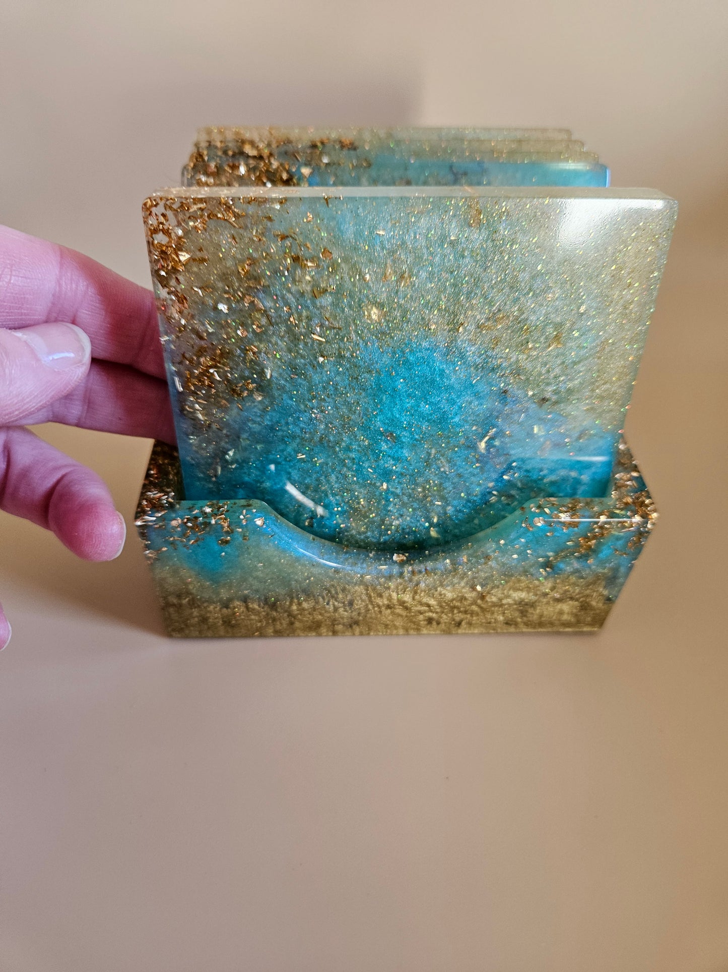 Resin Coaster Set of five with Stand/Turquoise and gold stylish colourful /Home Decor/Unique gift for Mother's Day, Colourful Anniversary