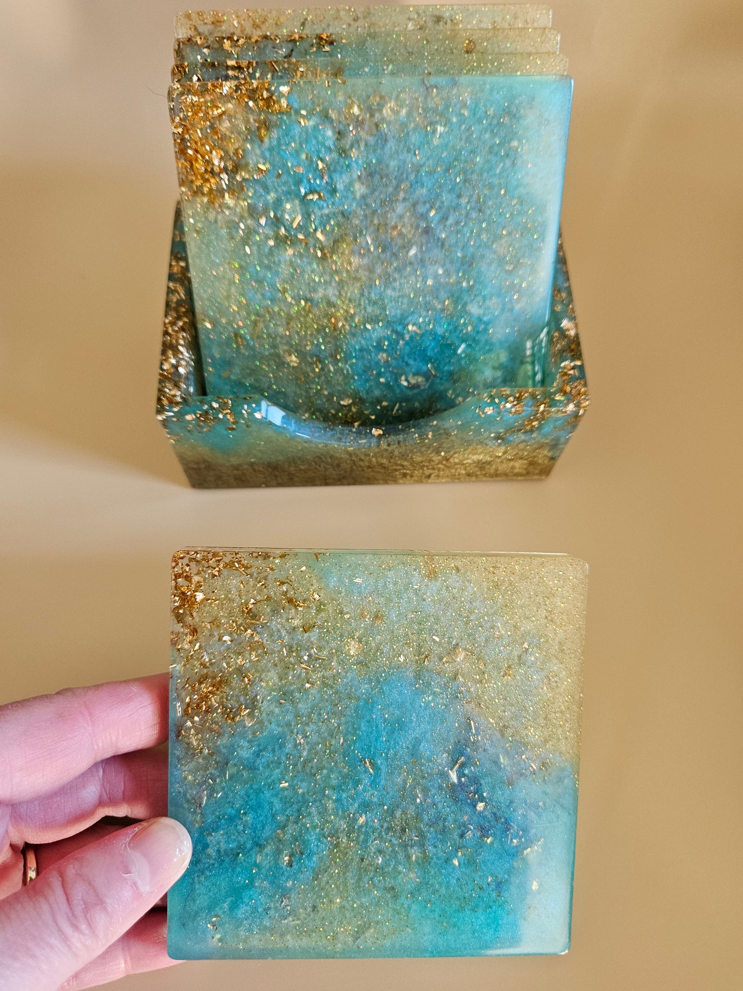 Resin Coaster Set of five with Stand/Turquoise and gold stylish colourful /Home Decor/Unique gift for Mother's Day, Colourful Anniversary