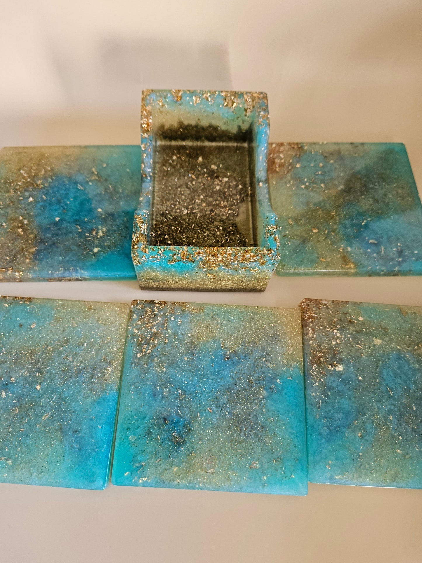Resin Coaster Set of five with Stand/Turquoise and gold stylish colourful /Home Decor/Unique gift for Mother's Day, Colourful Anniversary