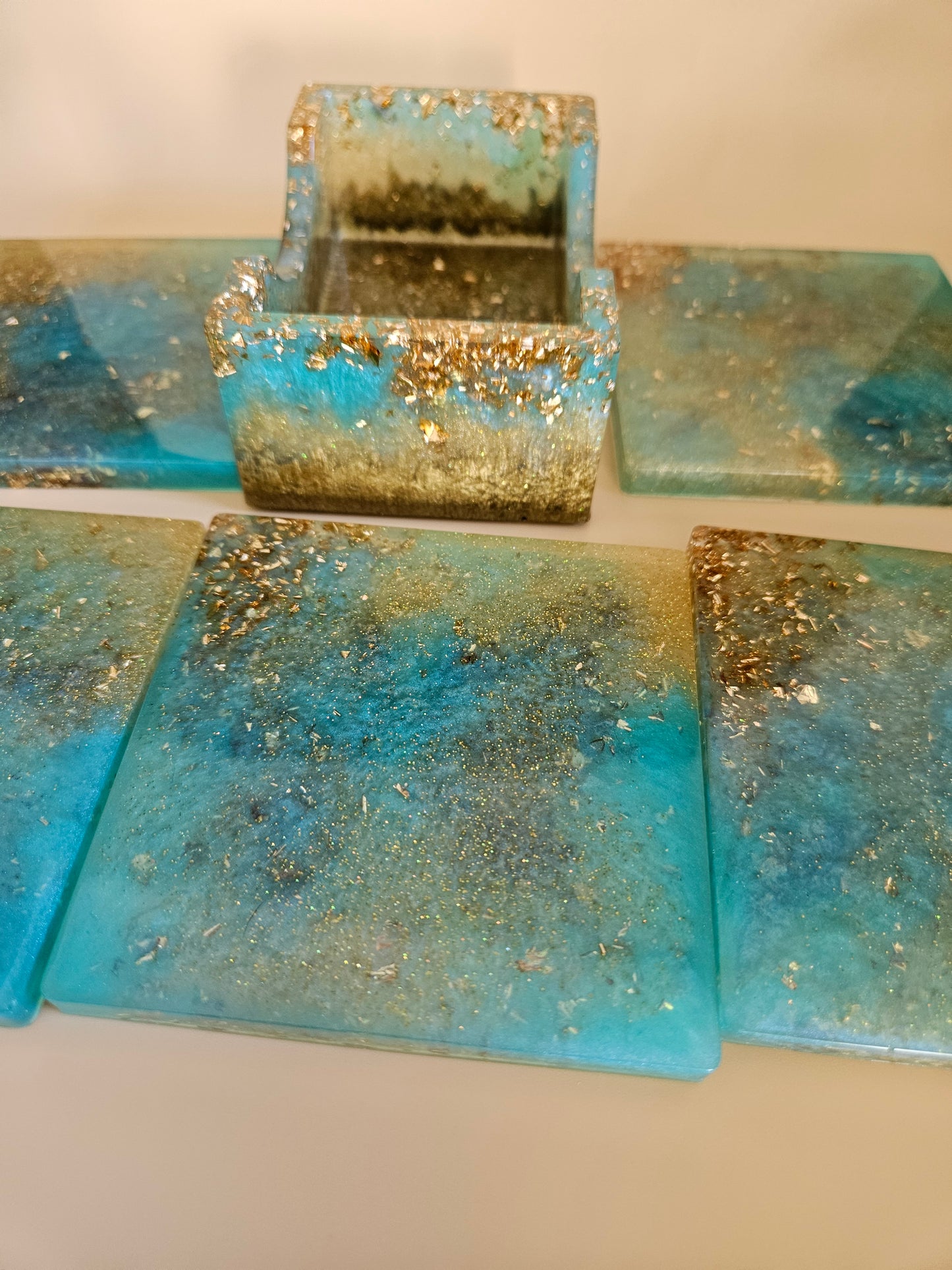 Resin Coaster Set of five with Stand/Turquoise and gold stylish colourful /Home Decor/Unique gift for Mother's Day, Colourful Anniversary