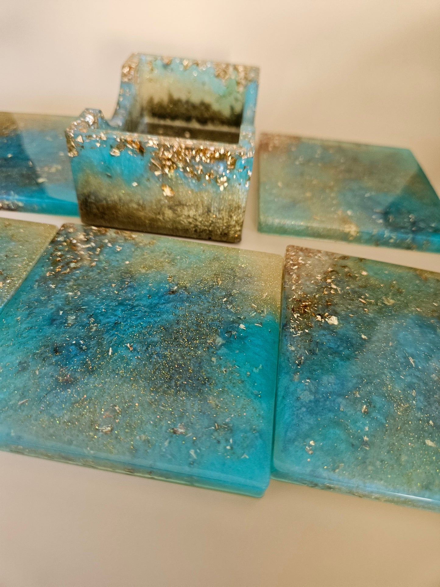 Resin Coaster Set of five with Stand/Turquoise and gold stylish colourful /Home Decor/Unique gift for Mother's Day, Colourful Anniversary