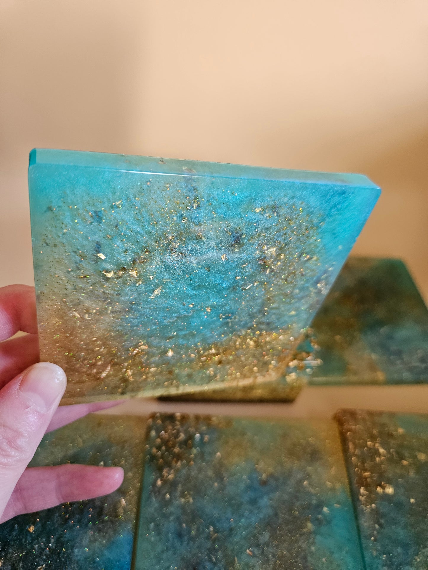 Resin Coaster Set of five with Stand/Turquoise and gold stylish colourful /Home Decor/Unique gift for Mother's Day, Colourful Anniversary