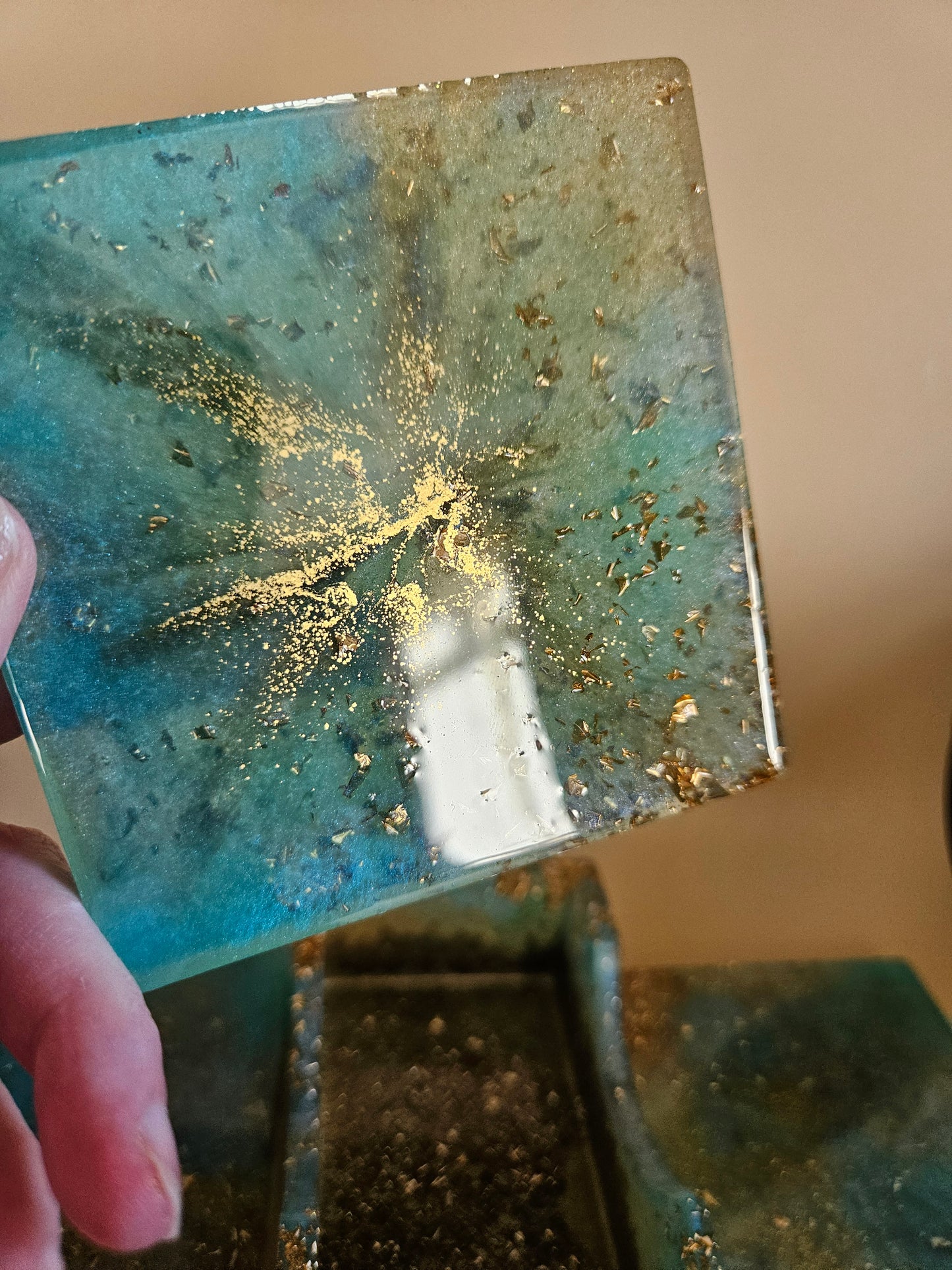 Resin Coaster Set of five with Stand/Turquoise and gold stylish colourful /Home Decor/Unique gift for Mother's Day, Colourful Anniversary