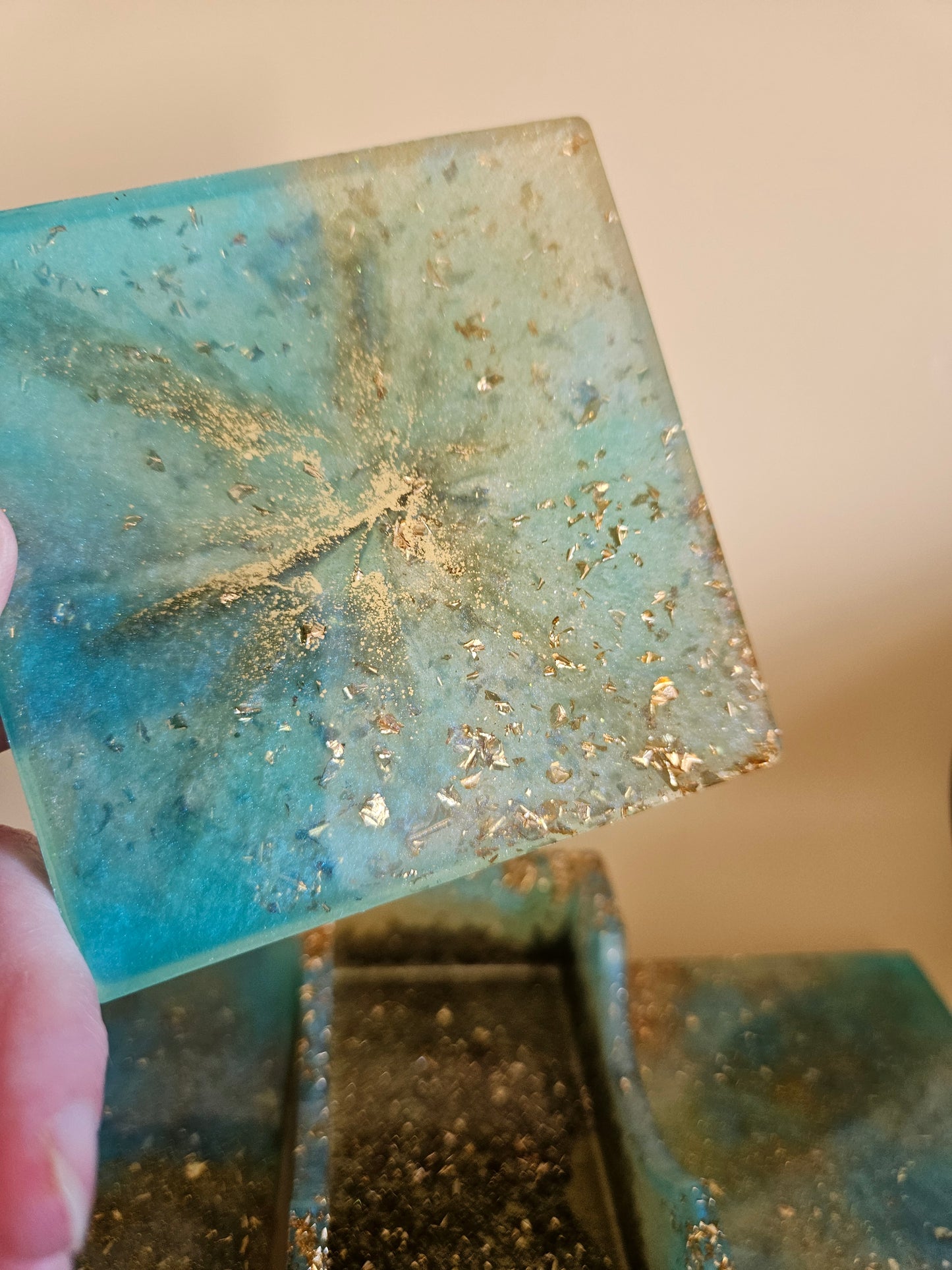 Resin Coaster Set of five with Stand/Turquoise and gold stylish colourful /Home Decor/Unique gift for Mother's Day, Colourful Anniversary