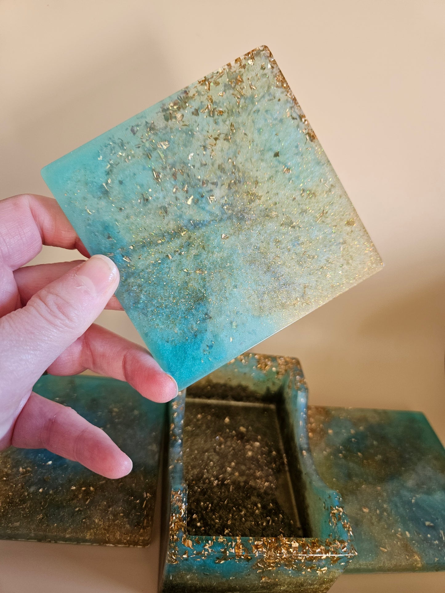 Resin Coaster Set of five with Stand/Turquoise and gold stylish colourful /Home Decor/Unique gift for Mother's Day, Colourful Anniversary