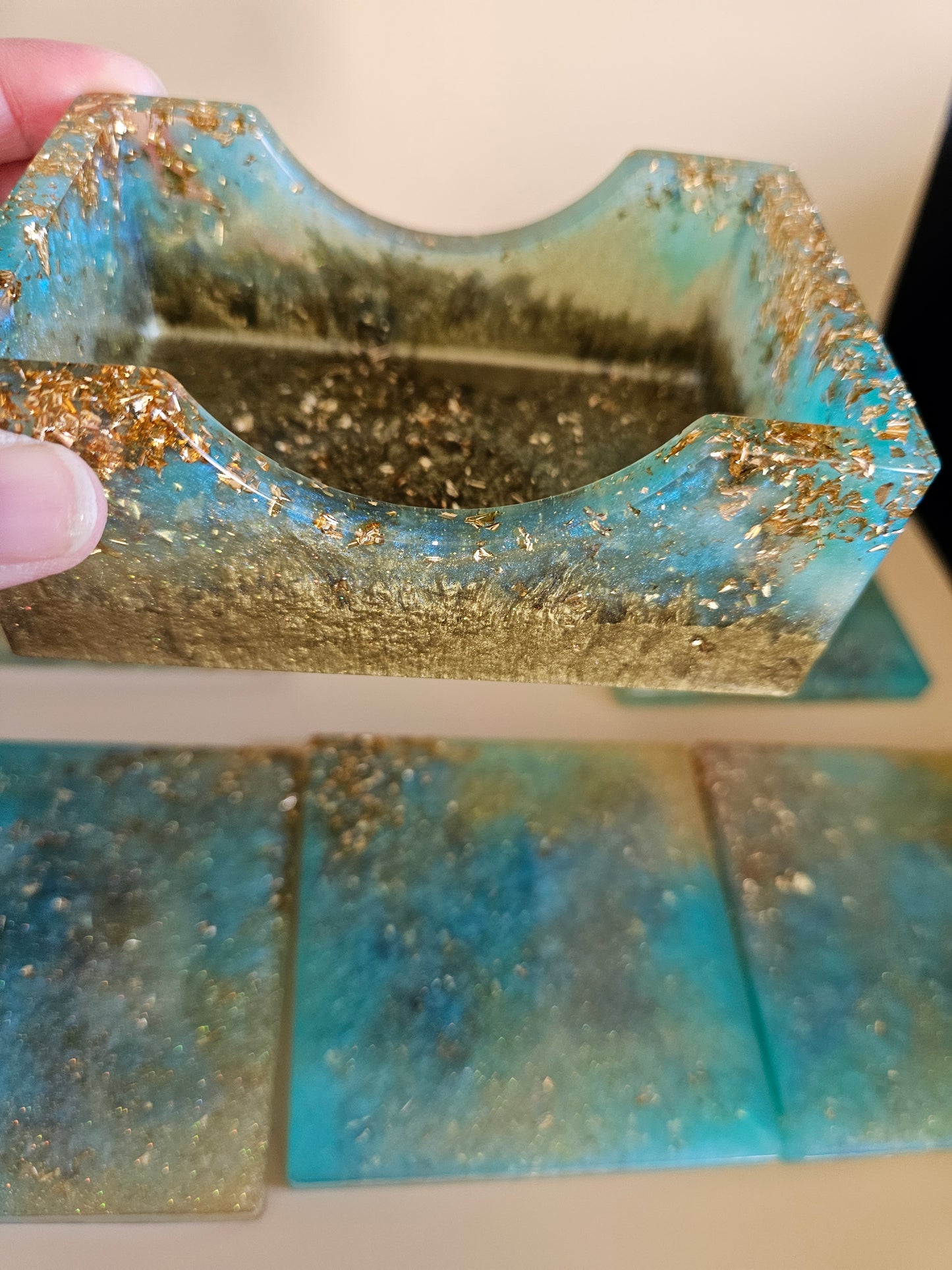 Resin Coaster Set of five with Stand/Turquoise and gold stylish colourful /Home Decor/Unique gift for Mother's Day, Colourful Anniversary