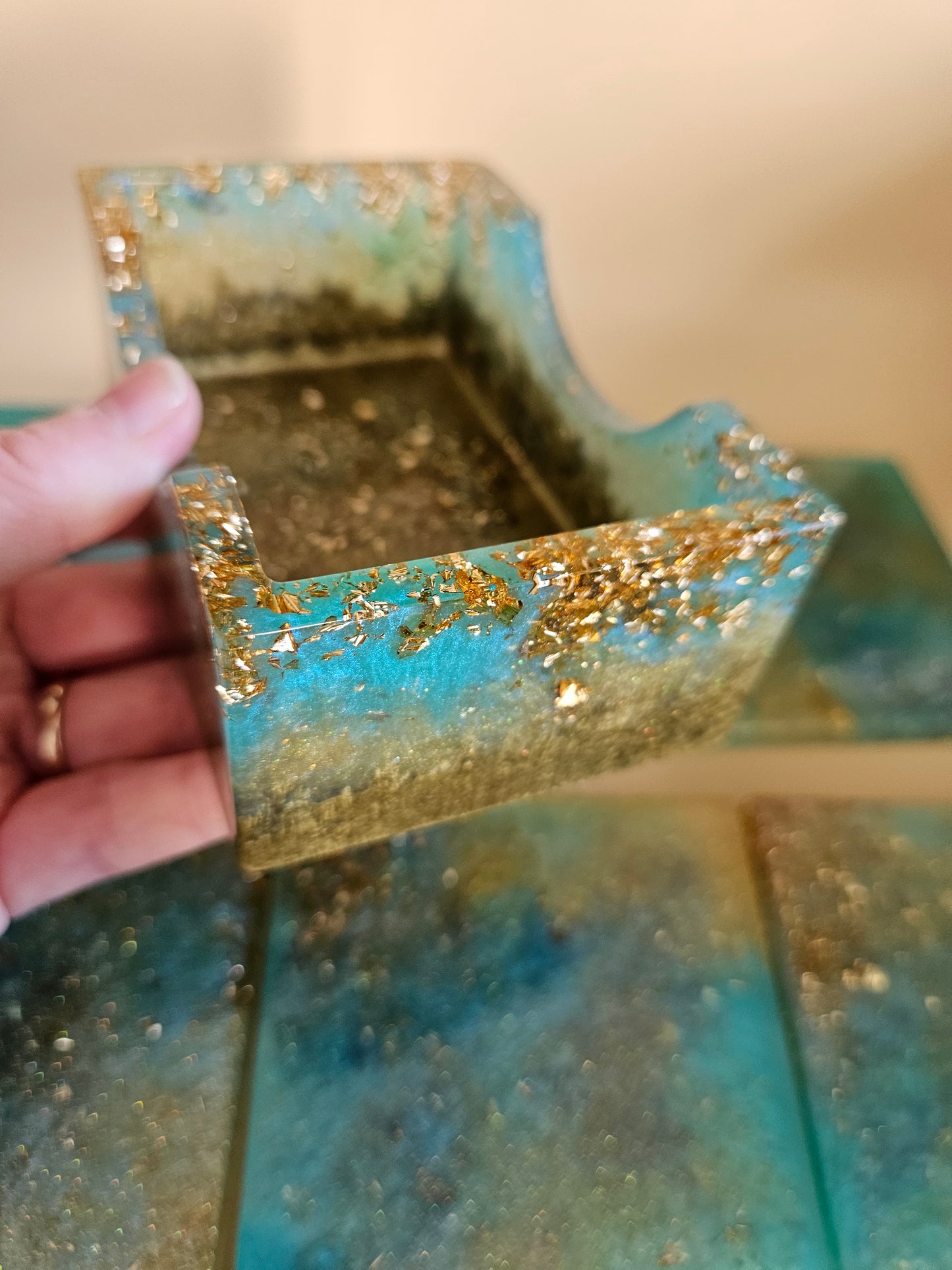 Resin Coaster Set of five with Stand/Turquoise and gold stylish colourful /Home Decor/Unique gift for Mother's Day, Colourful Anniversary