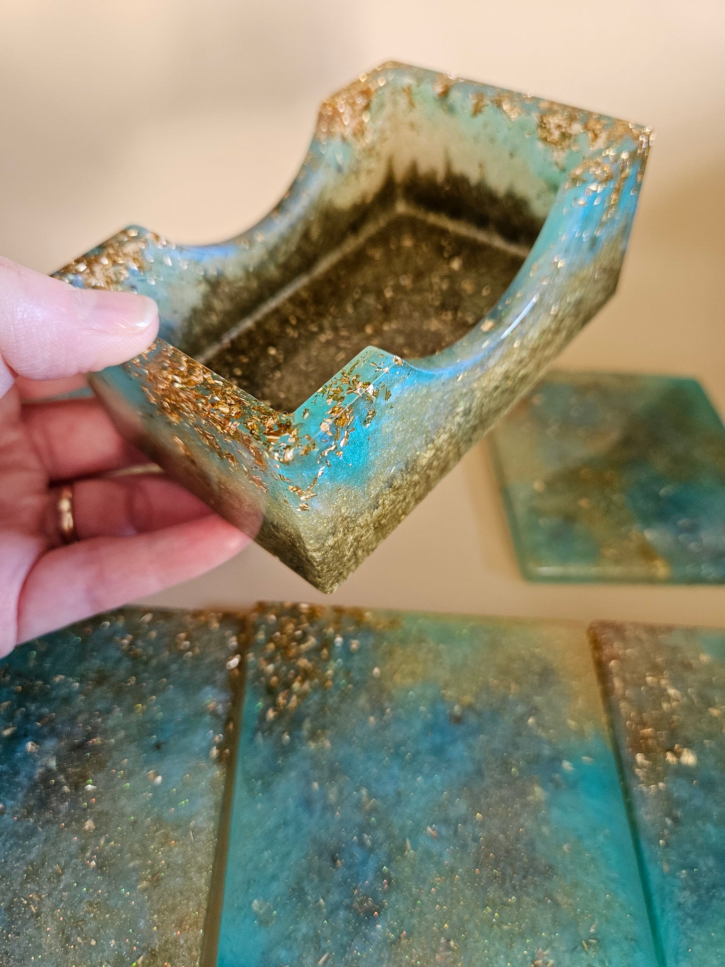 Resin Coaster Set of five with Stand/Turquoise and gold stylish colourful /Home Decor/Unique gift for Mother's Day, Colourful Anniversary