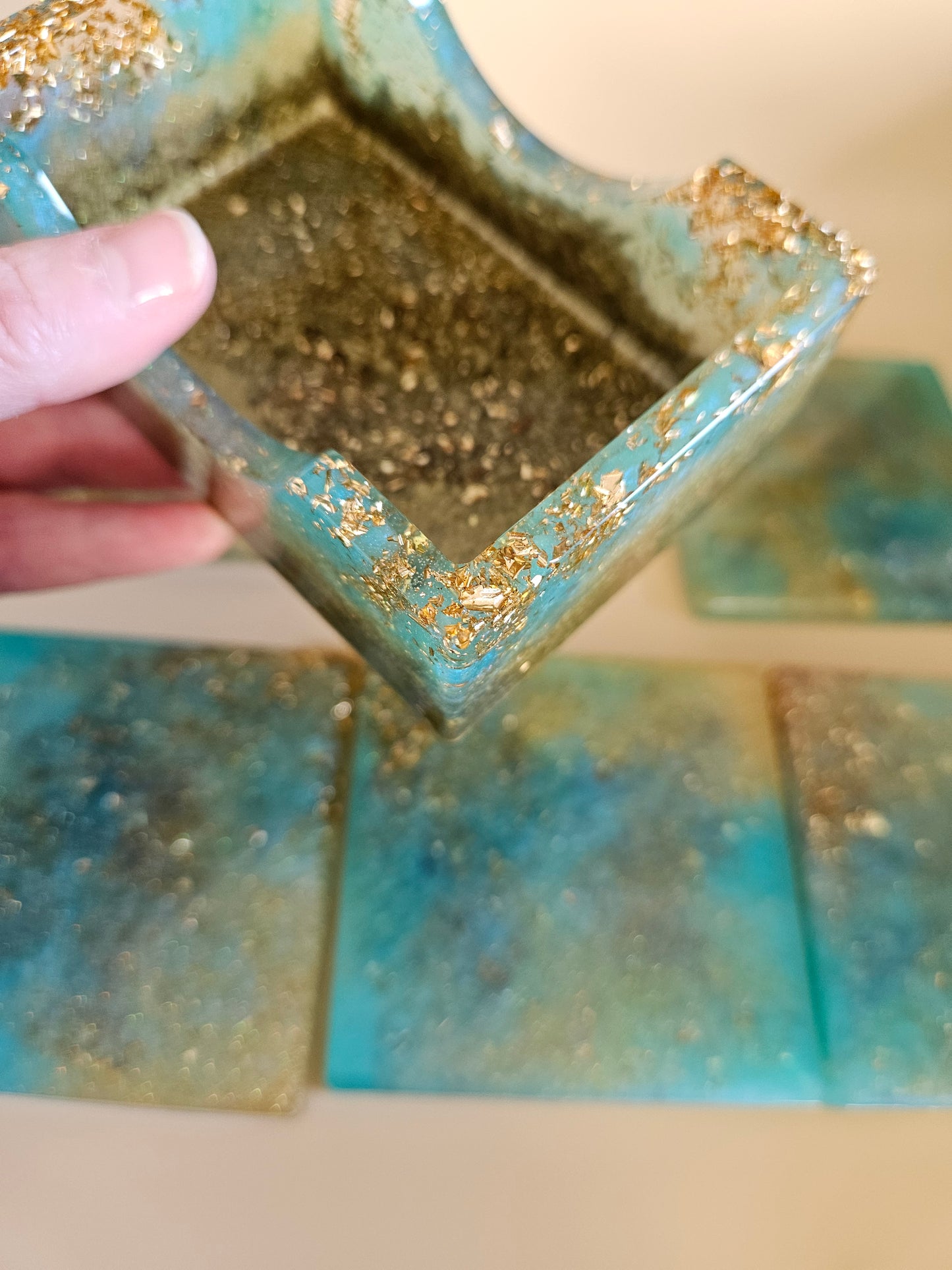 Resin Coaster Set of five with Stand/Turquoise and gold stylish colourful /Home Decor/Unique gift for Mother's Day, Colourful Anniversary