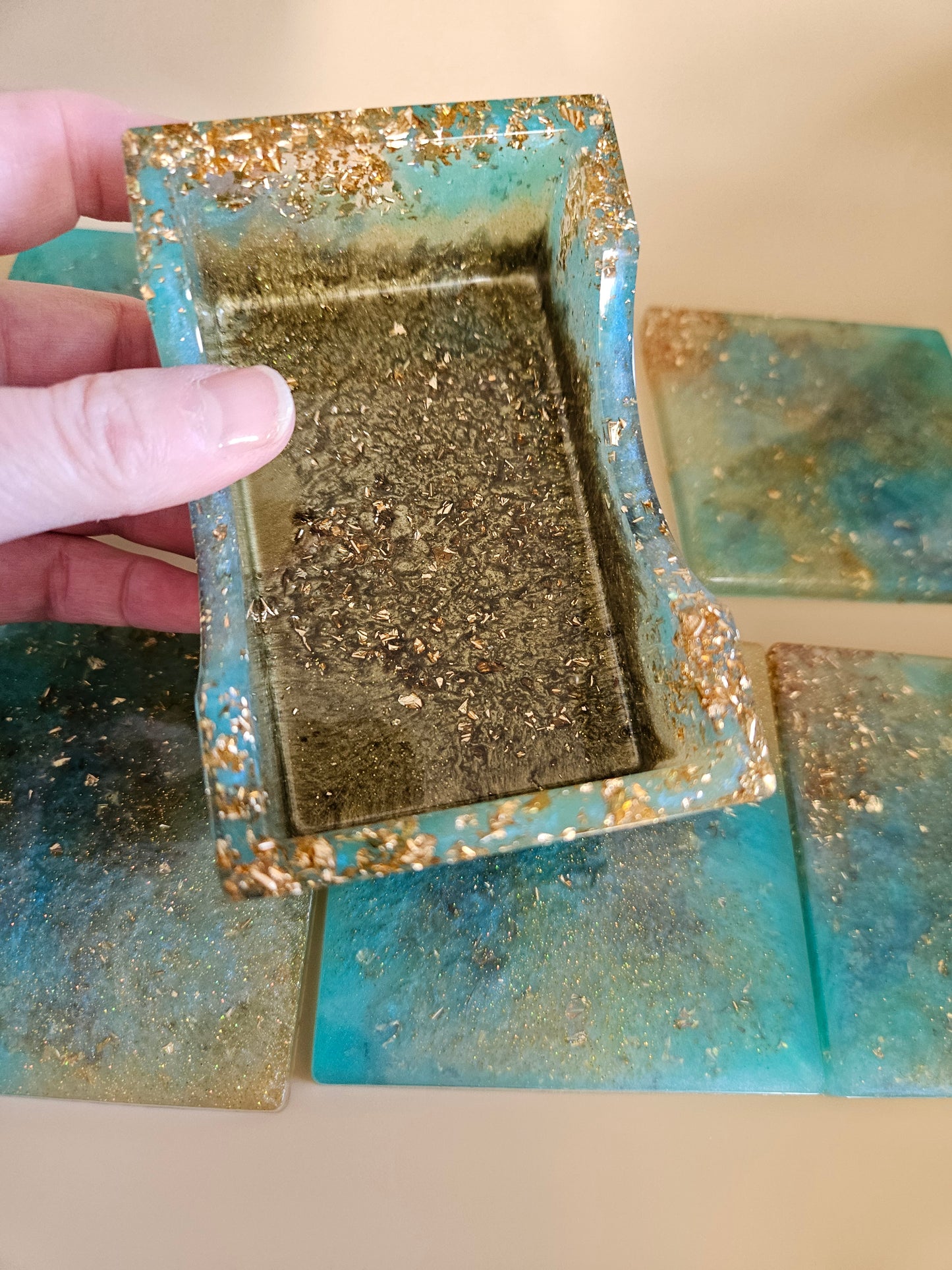Resin Coaster Set of five with Stand/Turquoise and gold stylish colourful /Home Decor/Unique gift for Mother's Day, Colourful Anniversary