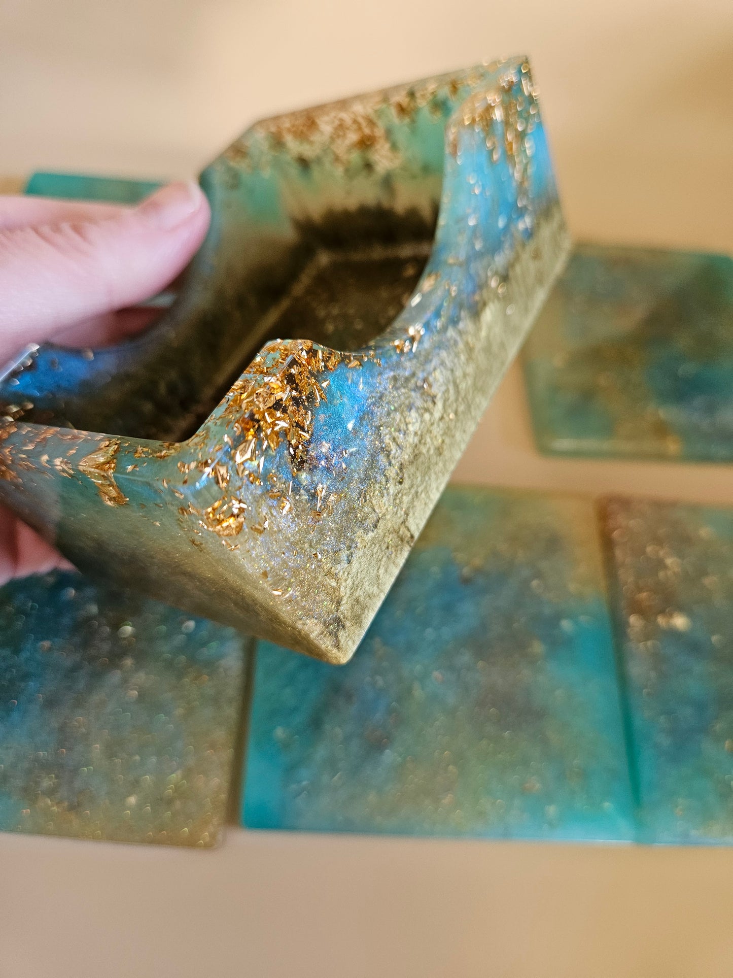 Resin Coaster Set of five with Stand/Turquoise and gold stylish colourful /Home Decor/Unique gift for Mother's Day, Colourful Anniversary