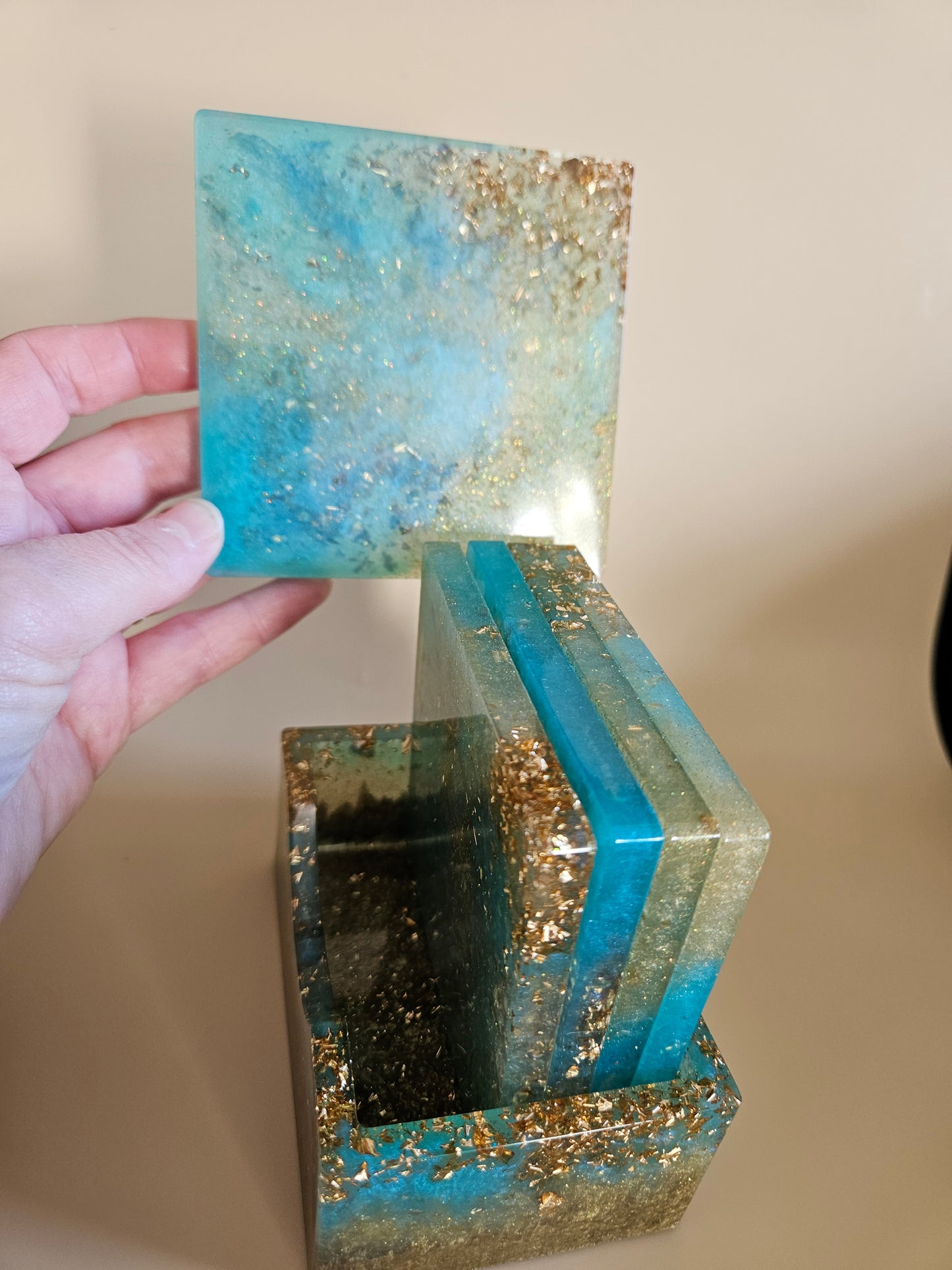 Resin Coaster Set of five with Stand/Turquoise and gold stylish colourful /Home Decor/Unique gift for Mother's Day, Colourful Anniversary