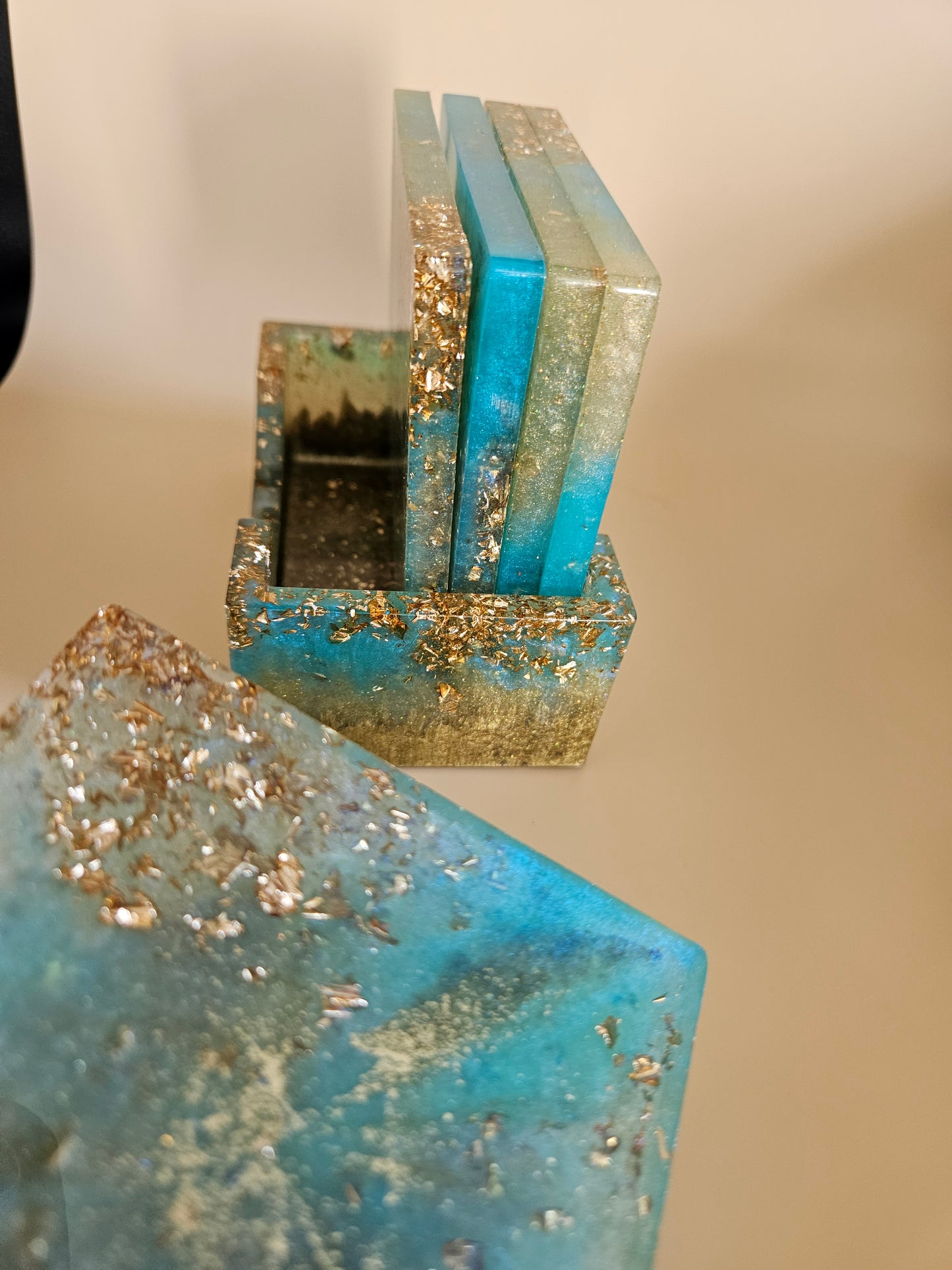 Resin Coaster Set of five with Stand/Turquoise and gold stylish colourful /Home Decor/Unique gift for Mother's Day, Colourful Anniversary