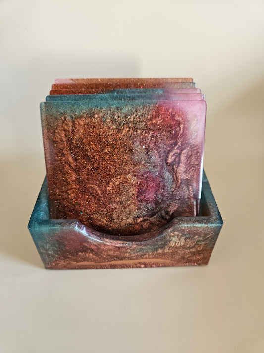 Resin Coaster Set of five with Stand/Red brown, copper and teal, stylish and colourful home decor/Unique gift for new home, birthday or Anniversary