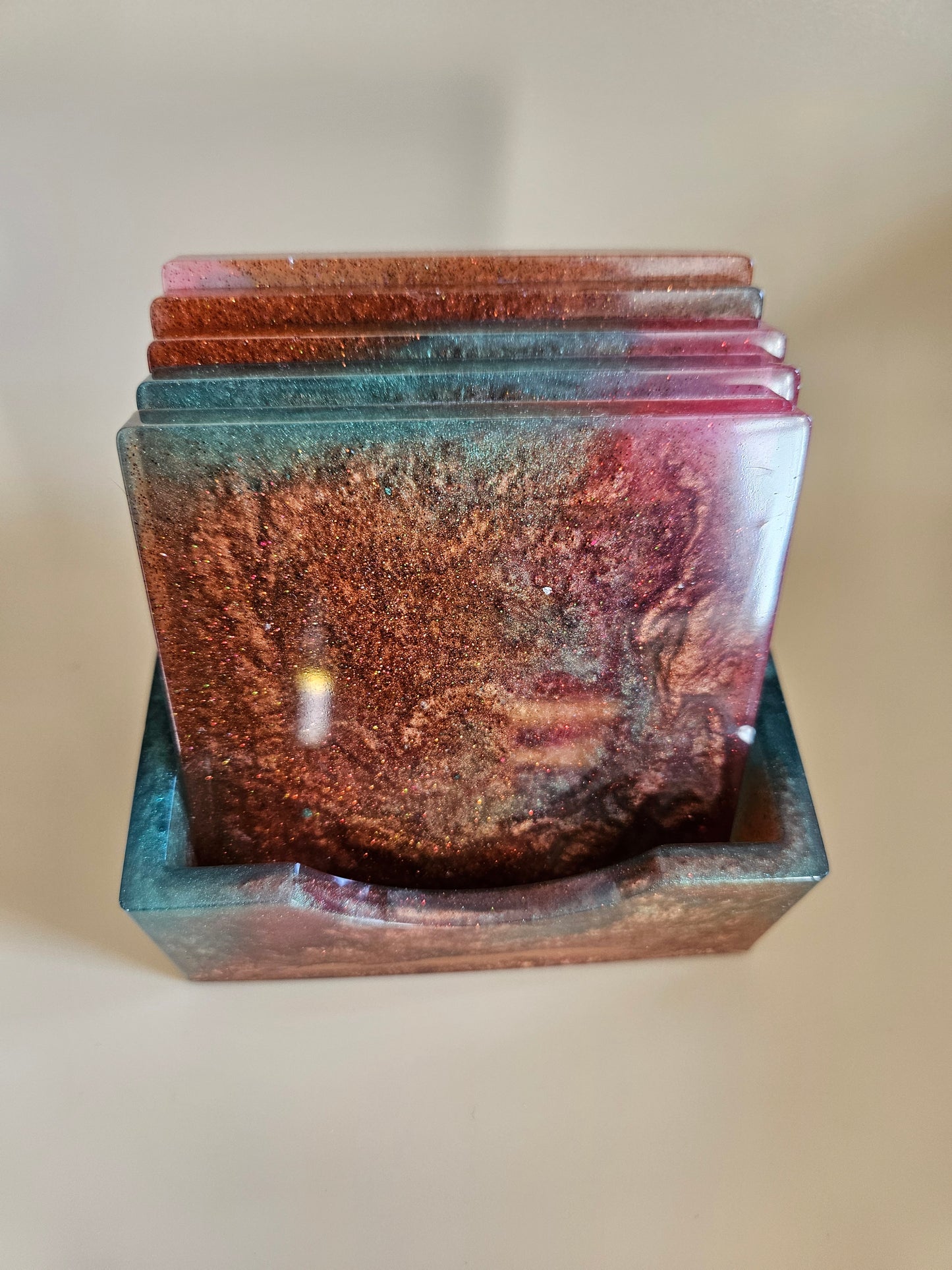 Resin Coaster Set of five with Stand/Red brown, copper and teal, stylish and colourful home decor/Unique gift for new home, birthday or Anniversary