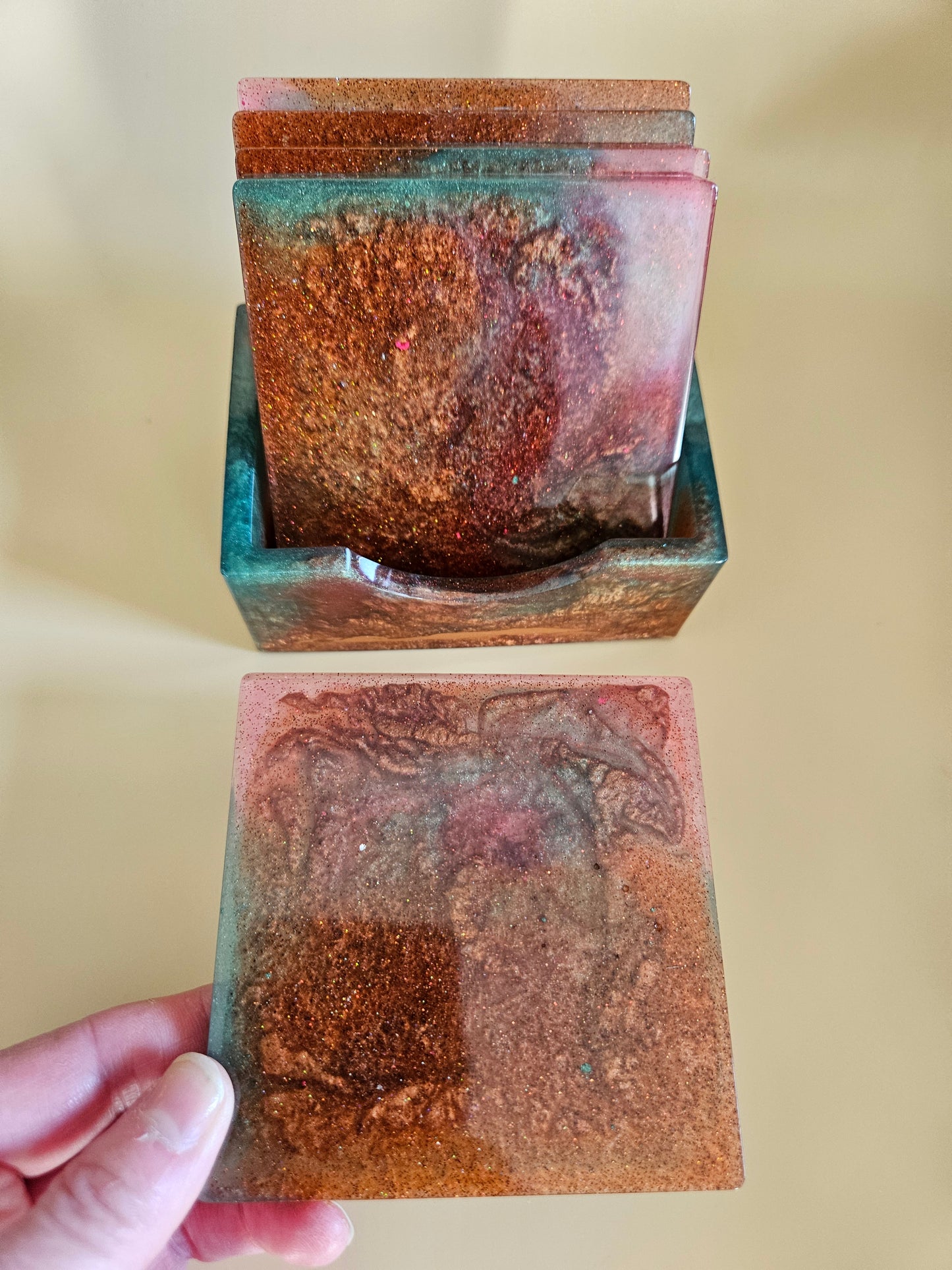 Resin Coaster Set of five with Stand/Red brown, copper and teal, stylish and colourful home decor/Unique gift for new home, birthday or Anniversary