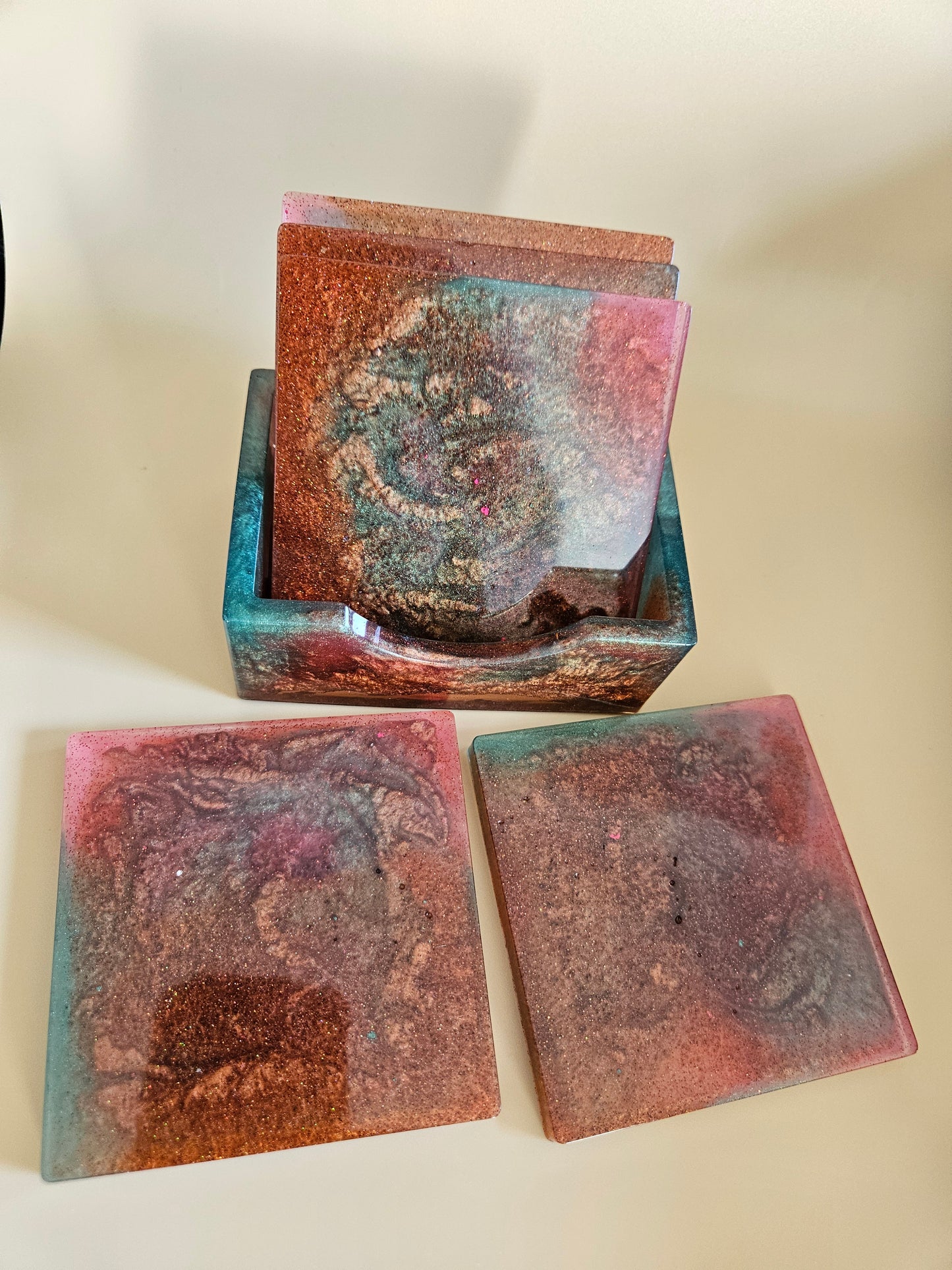Resin Coaster Set of five with Stand/Red brown, copper and teal, stylish and colourful home decor/Unique gift for new home, birthday or Anniversary