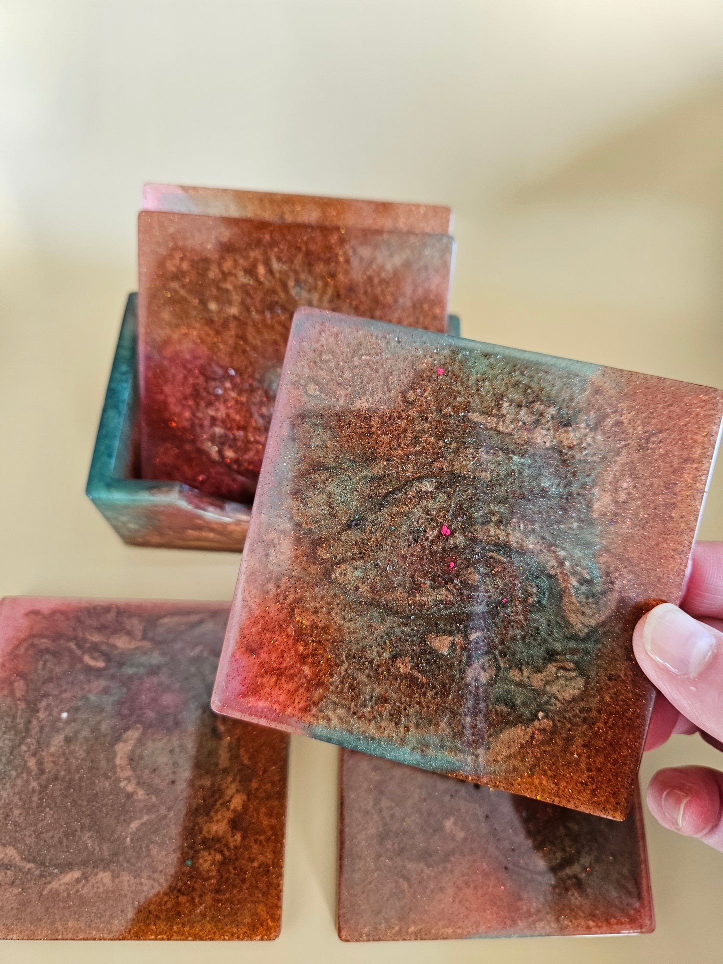 Resin Coaster Set of five with Stand/Red brown, copper and teal, stylish and colourful home decor/Unique gift for new home, birthday or Anniversary