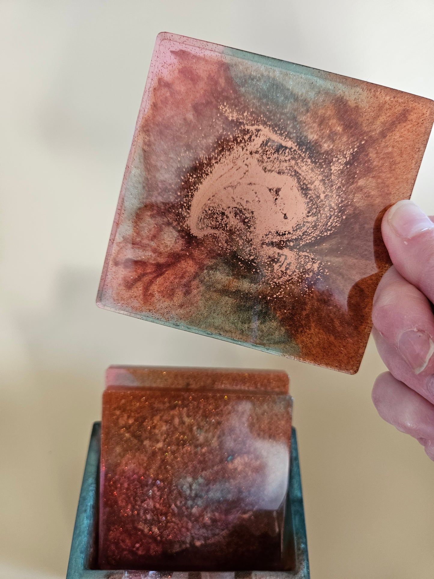 Resin Coaster Set of five with Stand/Red brown, copper and teal, stylish and colourful home decor/Unique gift for new home, birthday or Anniversary
