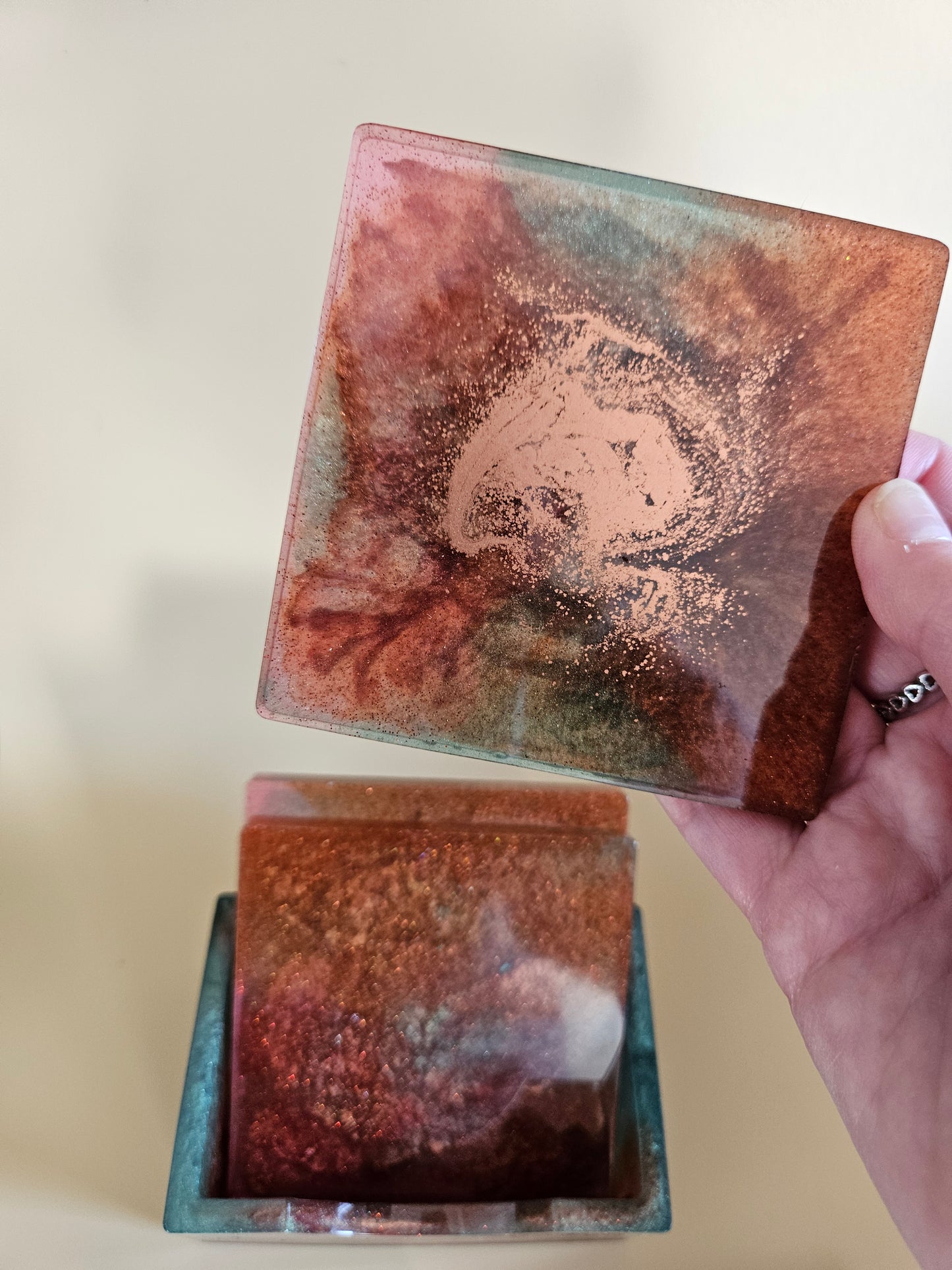 Resin Coaster Set of five with Stand/Red brown, copper and teal, stylish and colourful home decor/Unique gift for new home, birthday or Anniversary
