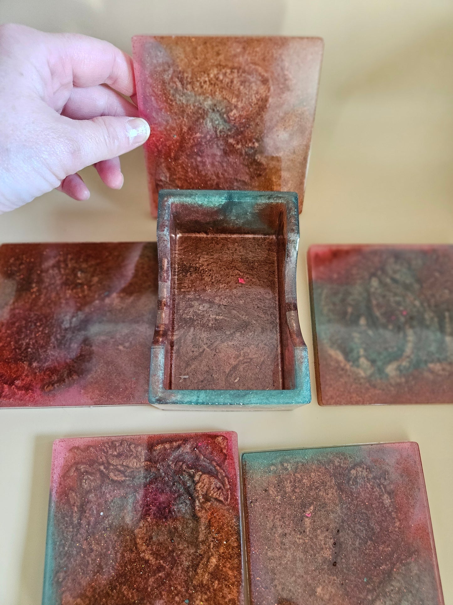 Resin Coaster Set of five with Stand/Red brown, copper and teal, stylish and colourful home decor/Unique gift for new home, birthday or Anniversary