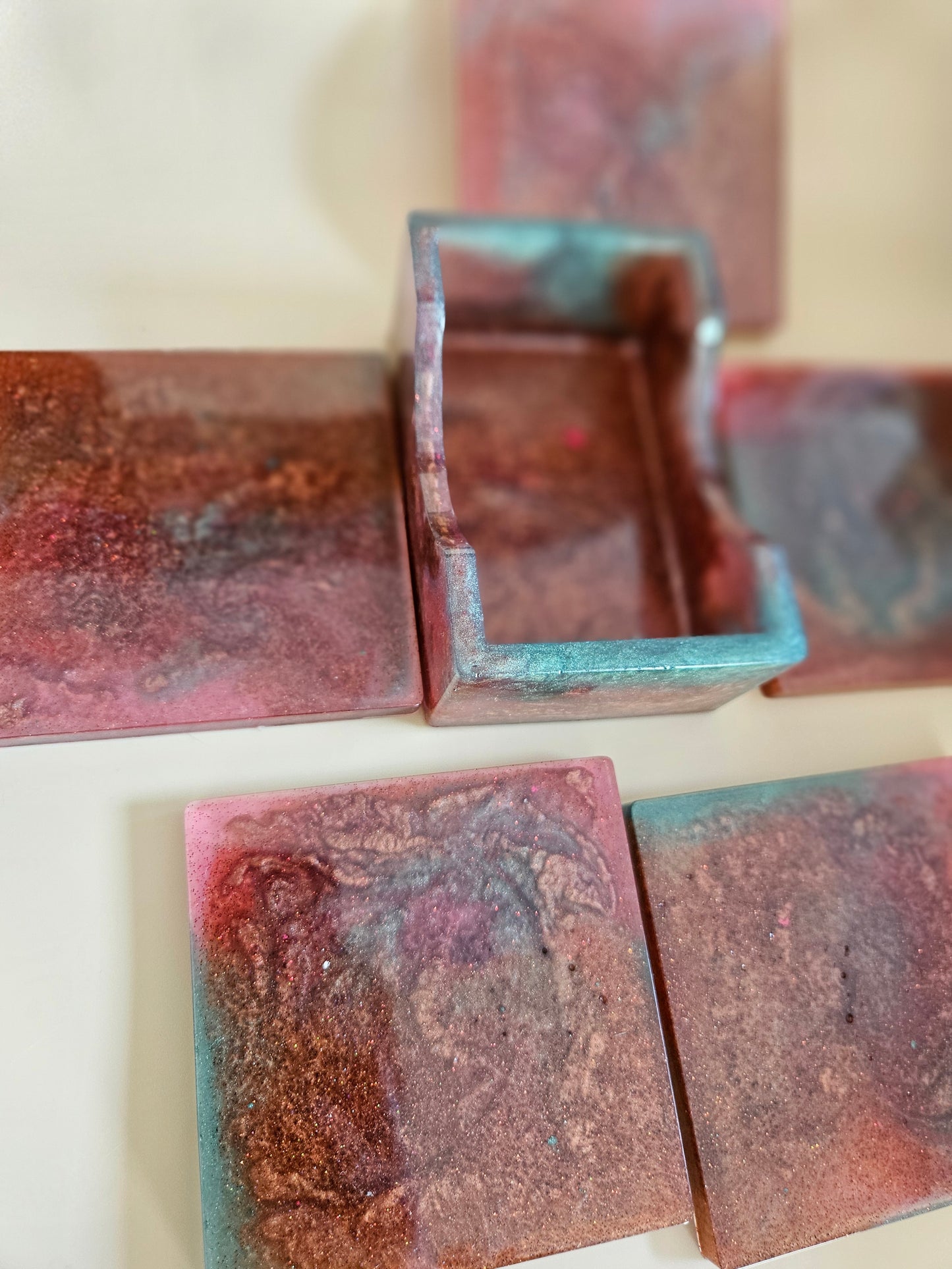 Resin Coaster Set of five with Stand/Red brown, copper and teal, stylish and colourful home decor/Unique gift for new home, birthday or Anniversary