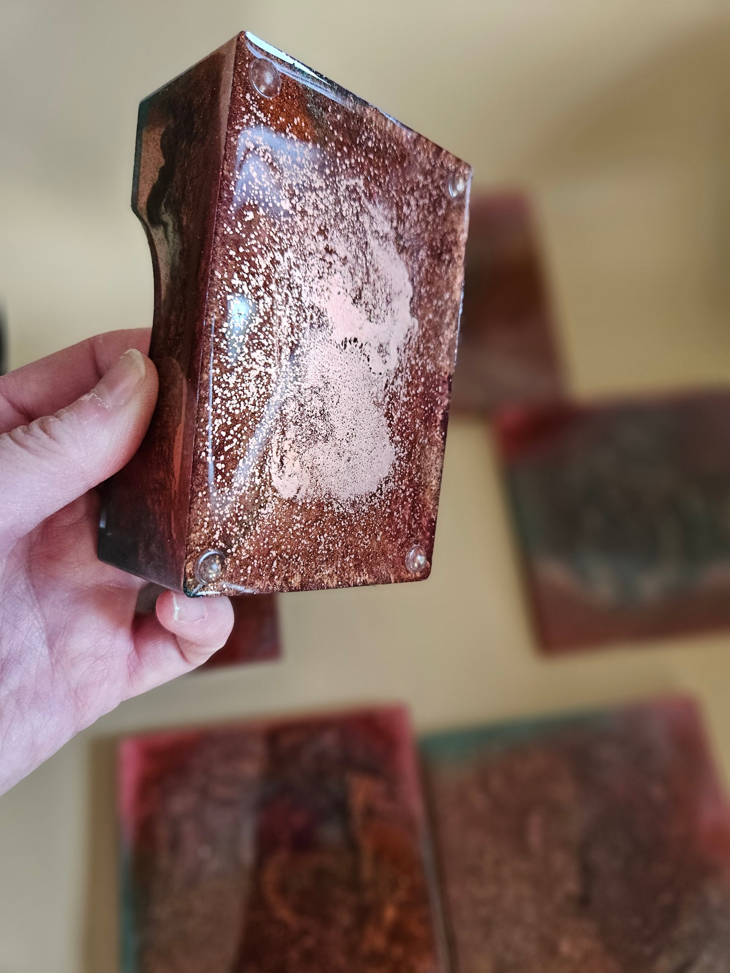 Resin Coaster Set of five with Stand/Red brown, copper and teal, stylish and colourful home decor/Unique gift for new home, birthday or Anniversary