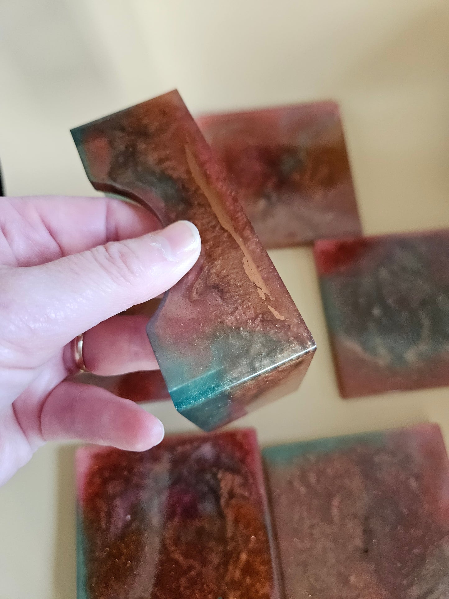 Resin Coaster Set of five with Stand/Red brown, copper and teal, stylish and colourful home decor/Unique gift for new home, birthday or Anniversary