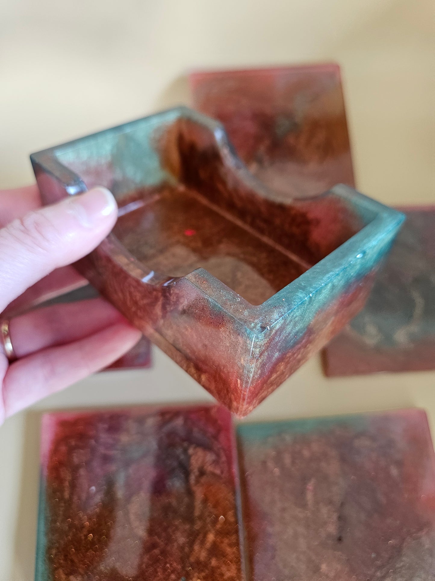 Resin Coaster Set of five with Stand/Red brown, copper and teal, stylish and colourful home decor/Unique gift for new home, birthday or Anniversary
