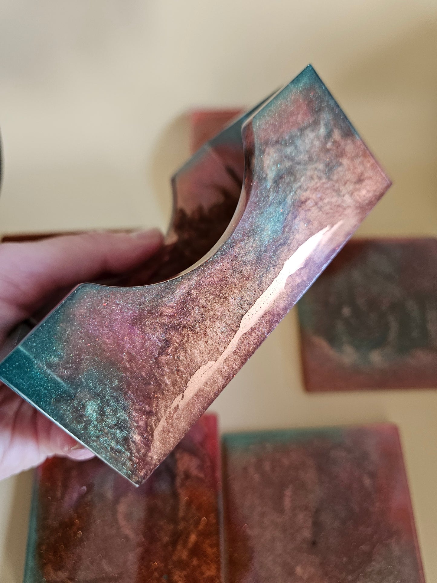 Resin Coaster Set of five with Stand/Red brown, copper and teal, stylish and colourful home decor/Unique gift for new home, birthday or Anniversary