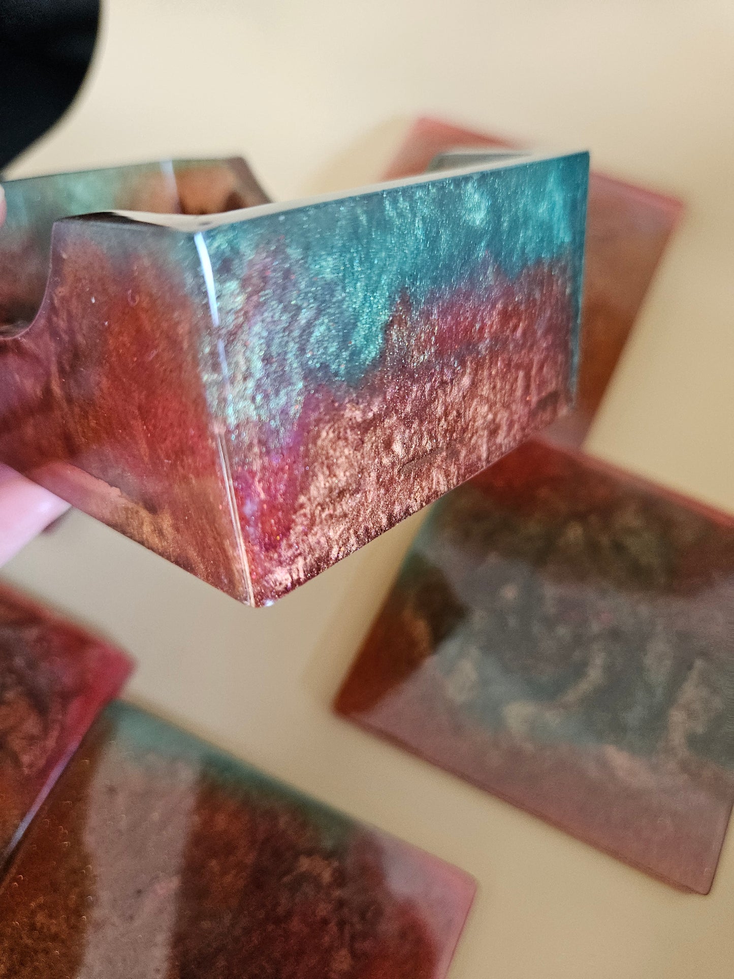 Resin Coaster Set of five with Stand/Red brown, copper and teal, stylish and colourful home decor/Unique gift for new home, birthday or Anniversary