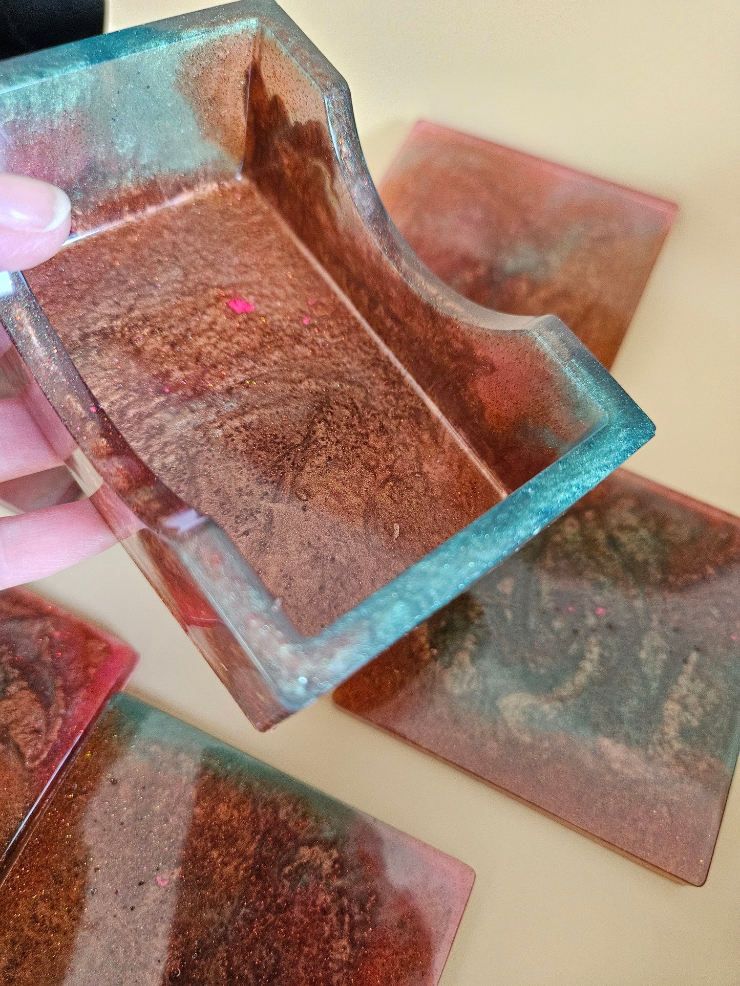 Resin Coaster Set of five with Stand/Red brown, copper and teal, stylish and colourful home decor/Unique gift for new home, birthday or Anniversary