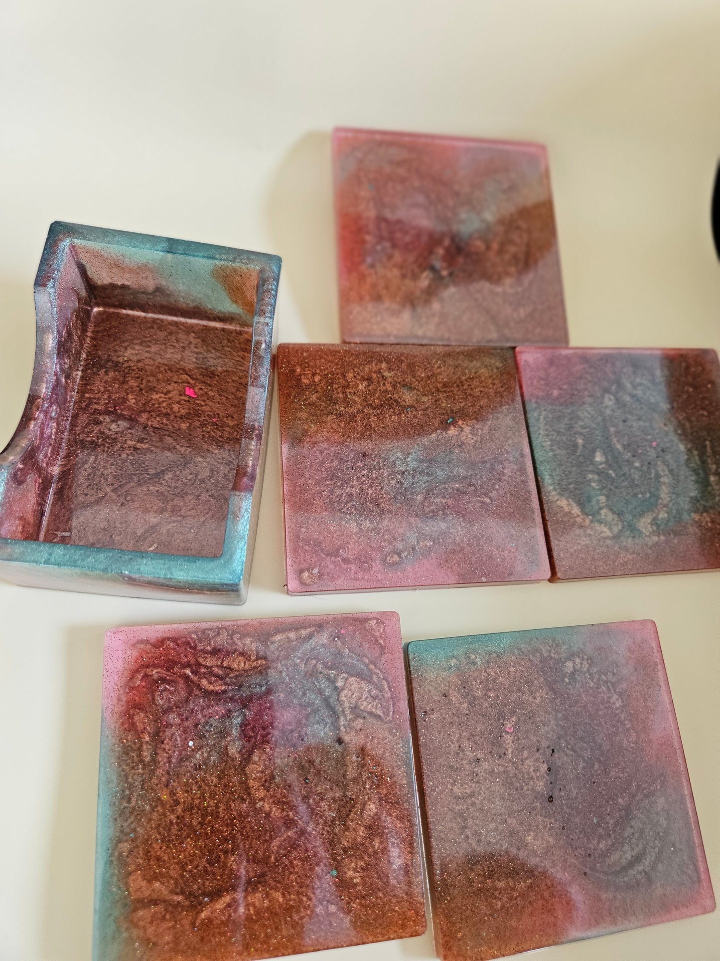 Resin Coaster Set of five with Stand/Red brown, copper and teal, stylish and colourful home decor/Unique gift for new home, birthday or Anniversary